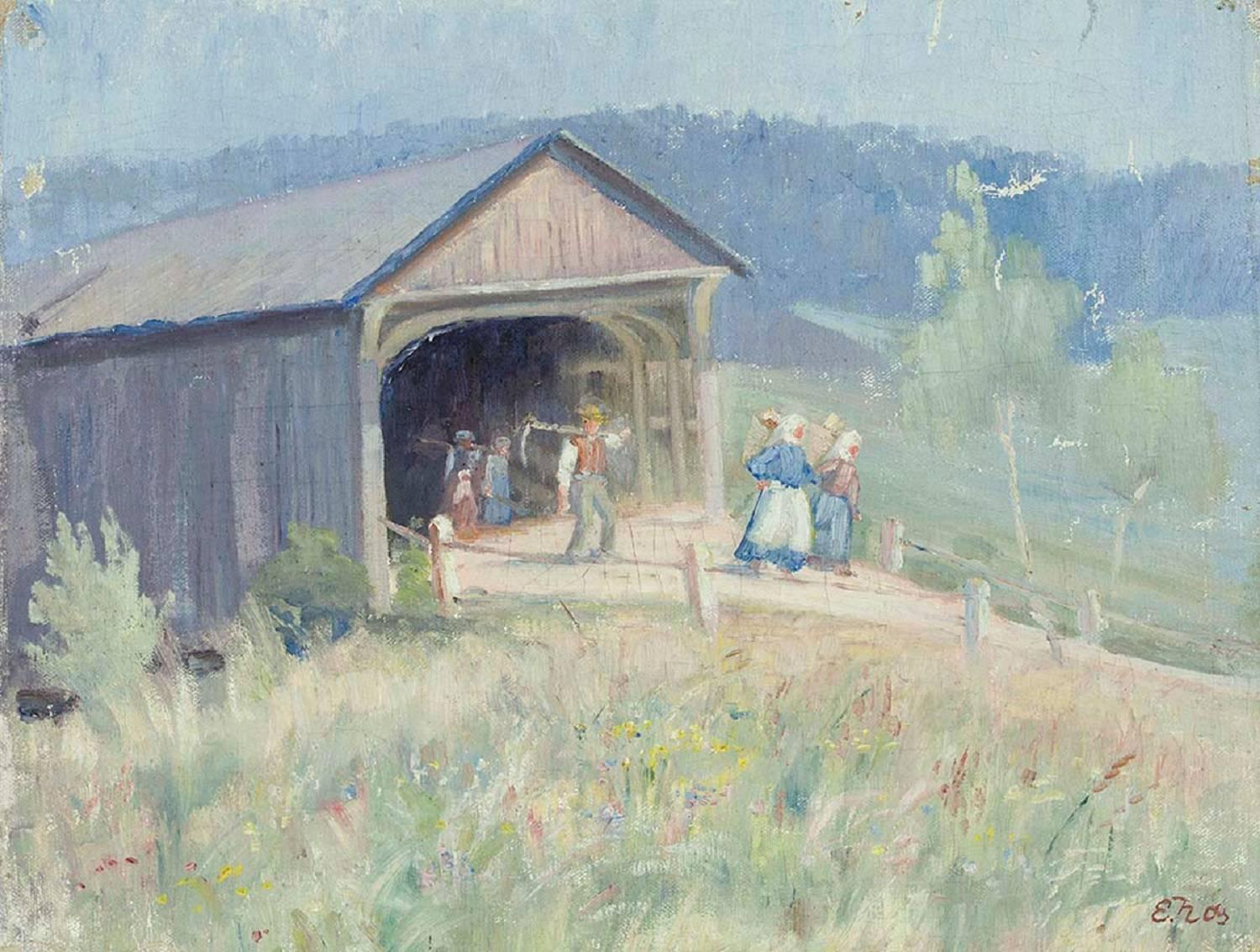 Unknown Landscape Painting - Family of Farmers by the Barn