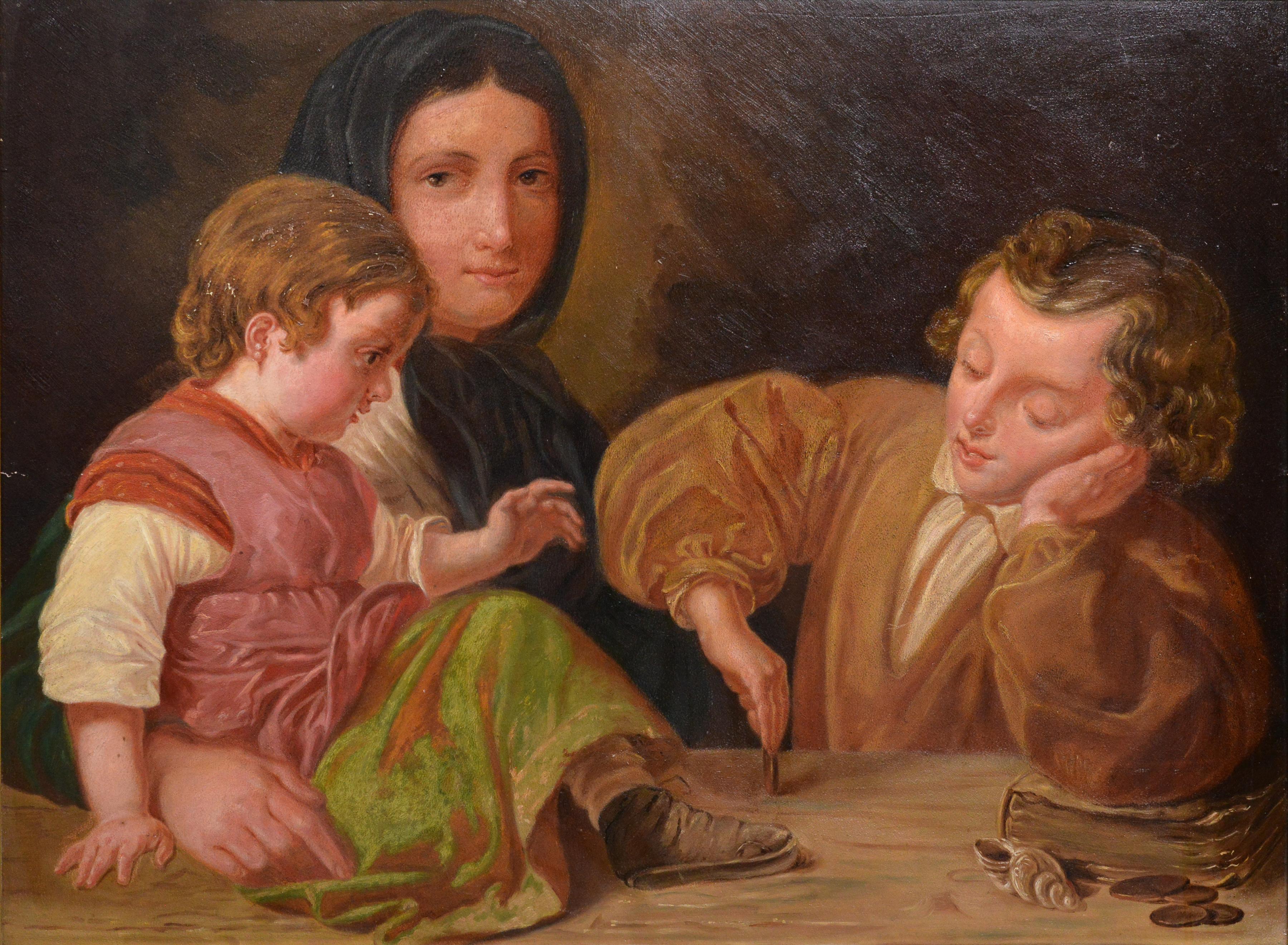 Family genre scene late 19th early 20th century. The boy, tired of posing for a portrait painter, decided to play by spinning a coin on the table, this game greatly impressed his younger sister. Her eyes widen in surprise as she watches the coin