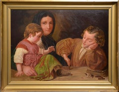 Retrato de familia Madre con niños jugando a las monedas Pintura al óleo antigua enmarcada 