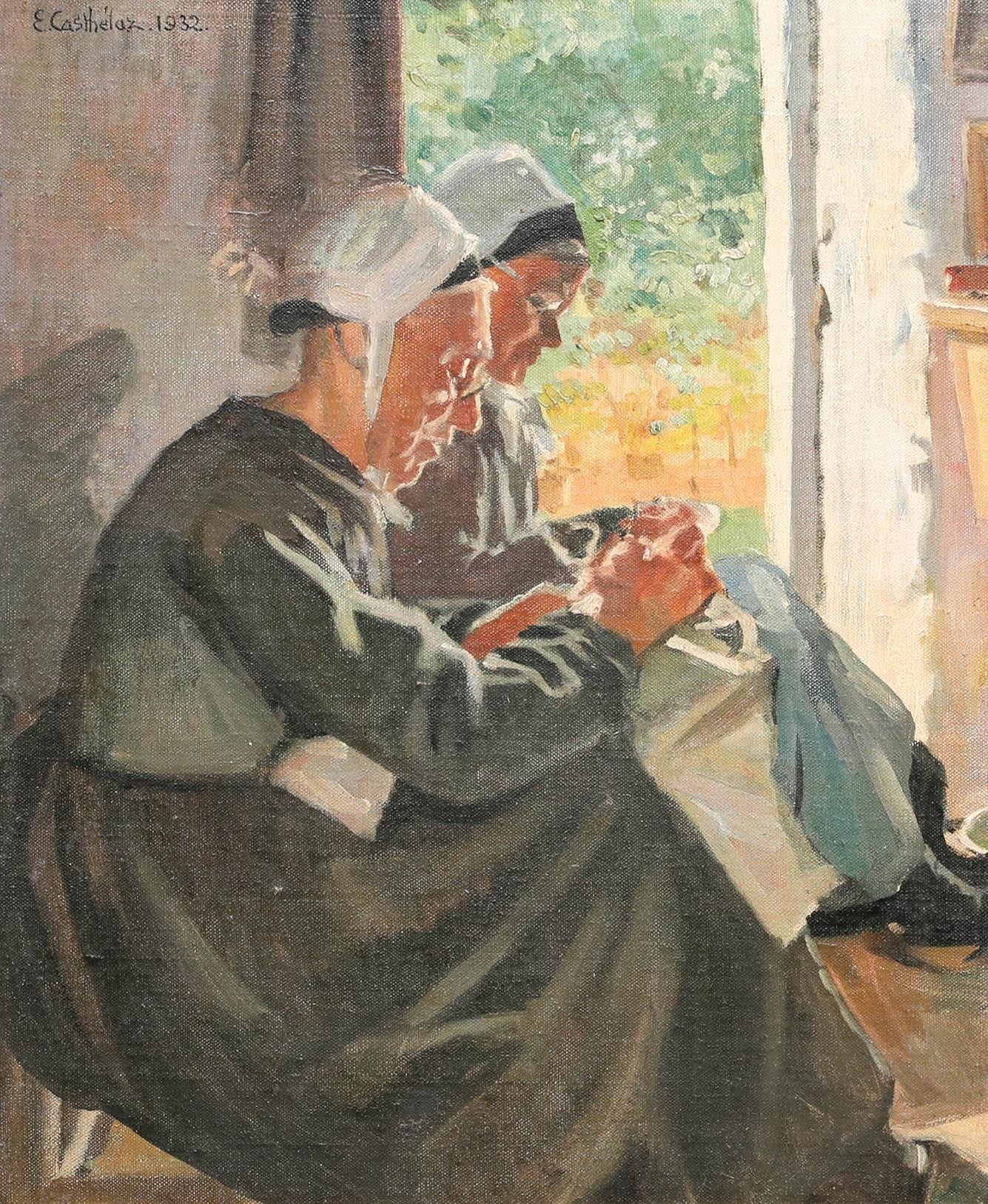 Fanny-Elizabeth Casthelaz - Framed Mid 20th Century Oil, The Lacemakers - Painting by Unknown