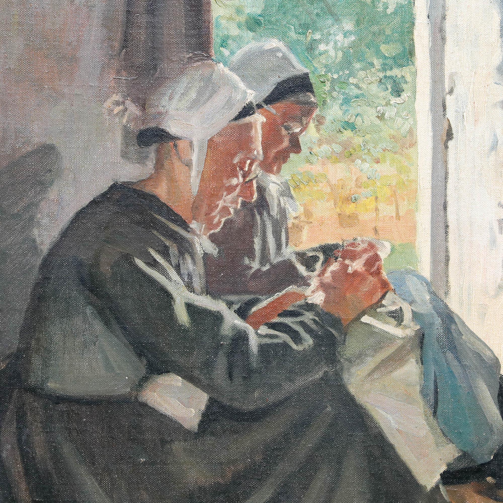 This intimate genre scene depicts two elderly women in traditional French dress and white caps, engaged in needlework. The artist employs a warm, naturalistic palette and soft brushwork to capture the quiet domesticity of the scene, with golden