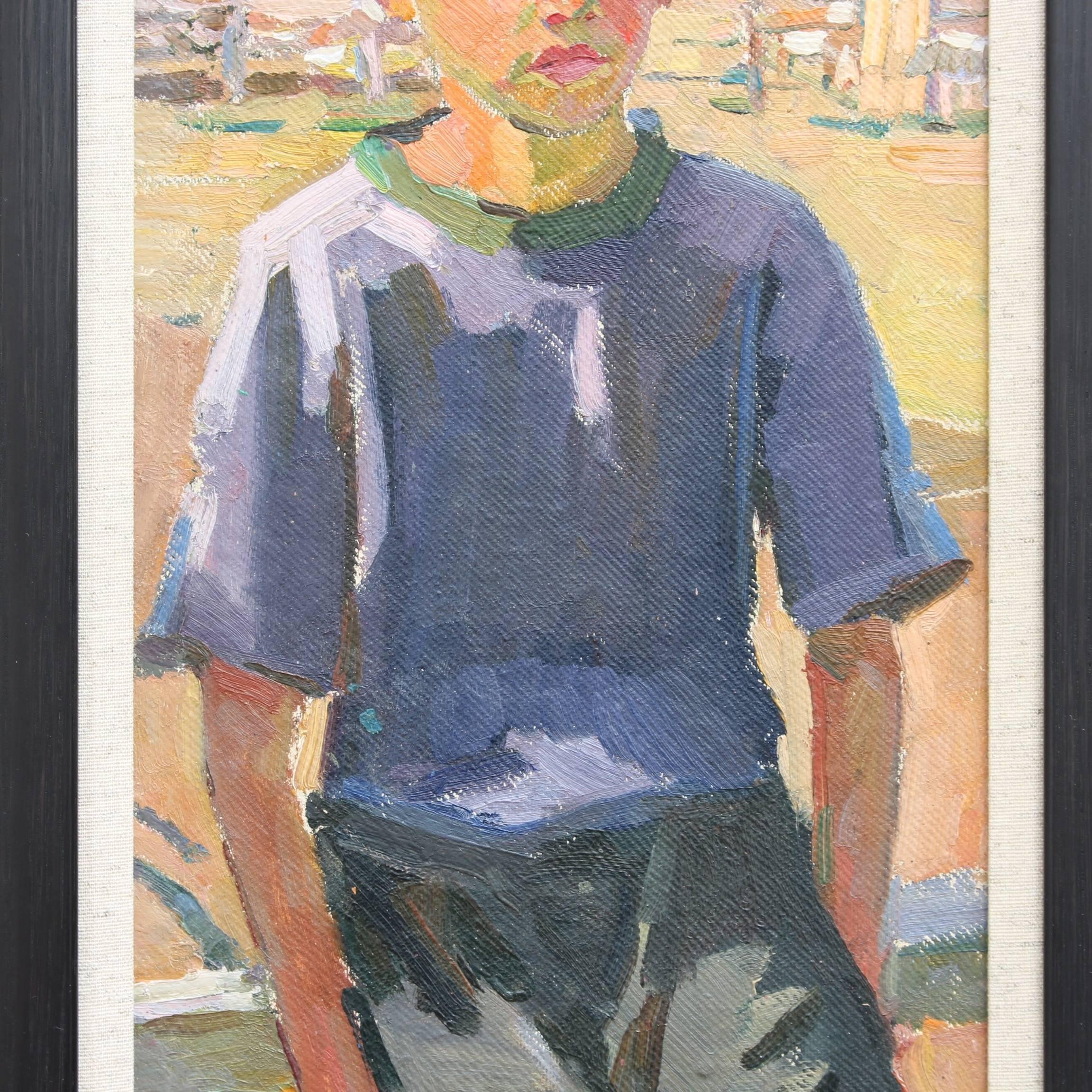 'Farm Boy', oil on board, by unknown European artist (Circa 1970s). Stunning colourful portrait of a young farm boy. An array of palette colours: green, blue, magenta, orange, red and brown were used to create this thoughtful portrait. Behind the
