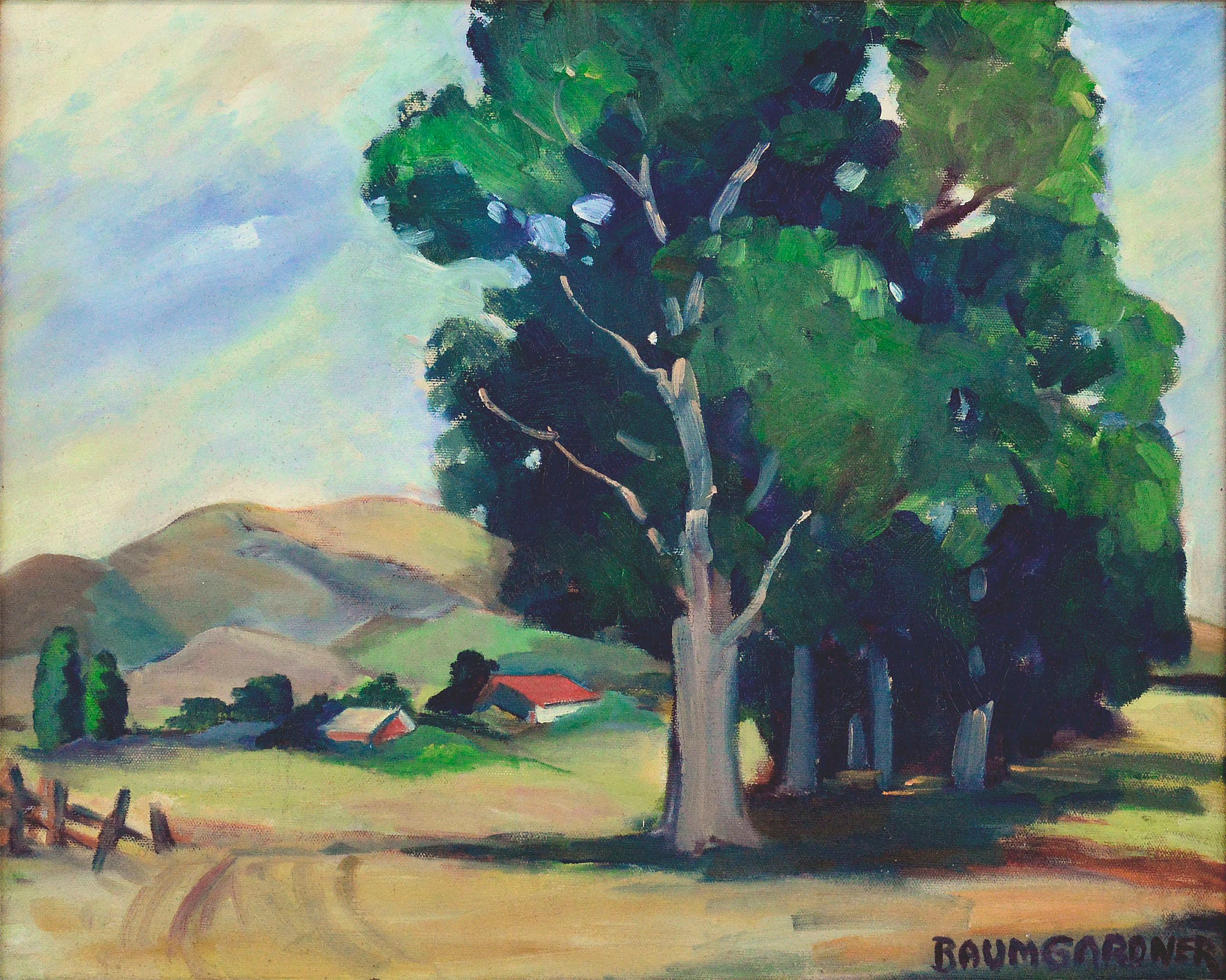 Bauernhof im Tal – Kalifornien-Landschaft in freier Natur – Painting von Baumgardner