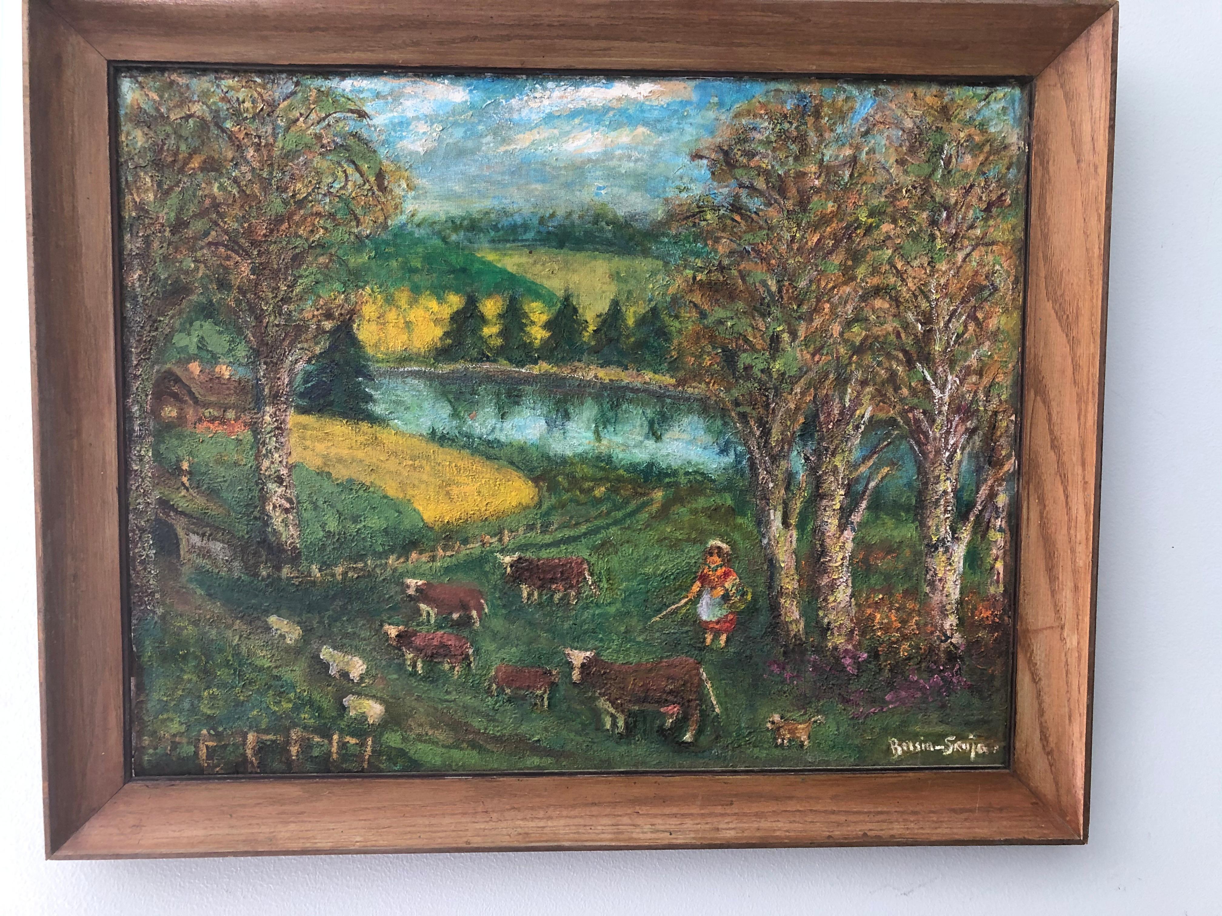 Farm Scene in Style of Burliuk - Painting by Unknown