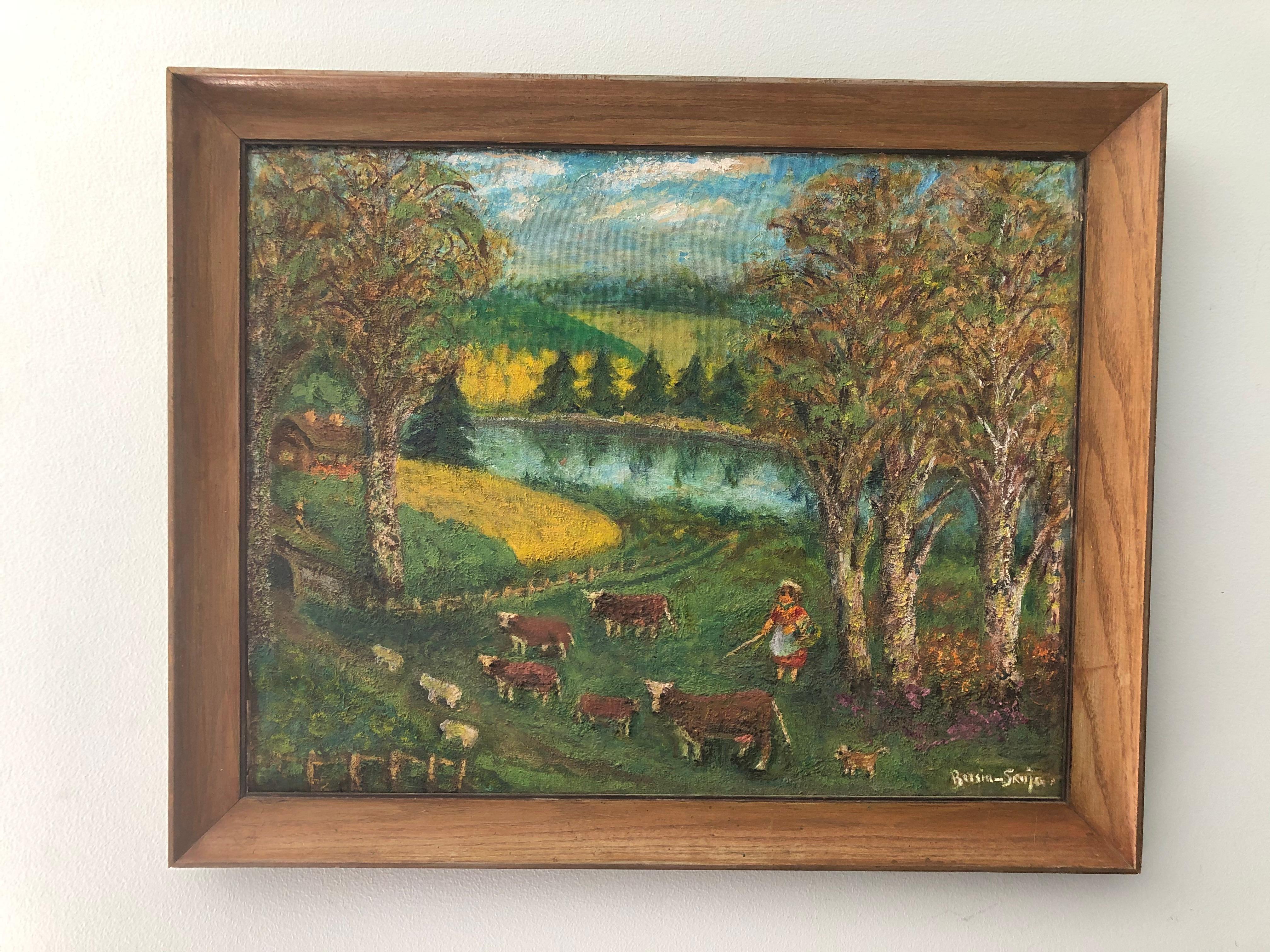 Farm Scene in Style of Burliuk - Gray Landscape Painting by Unknown