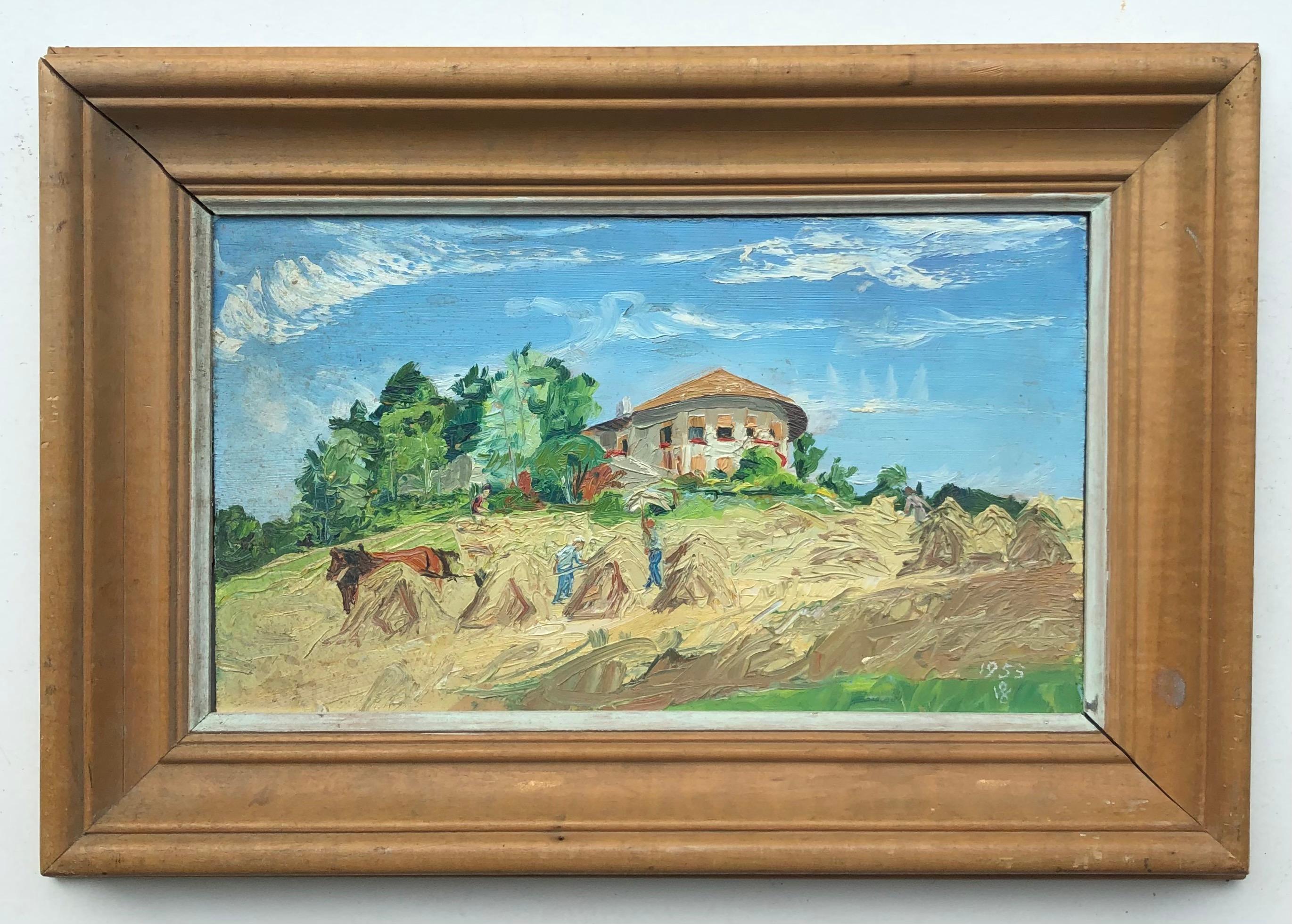 Farmers in the field - Gray Landscape Painting by Unknown