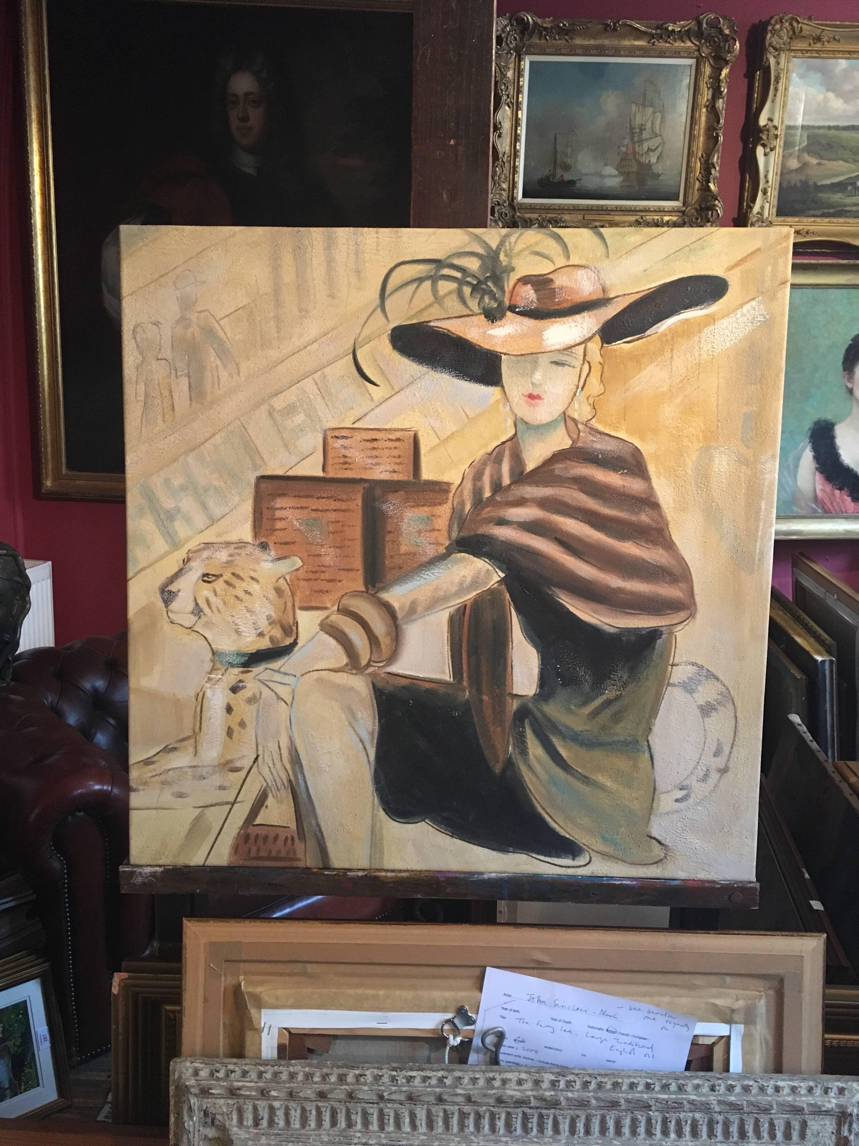 Signora parigina alla moda con cappello e leopardo - Painting di Unknown