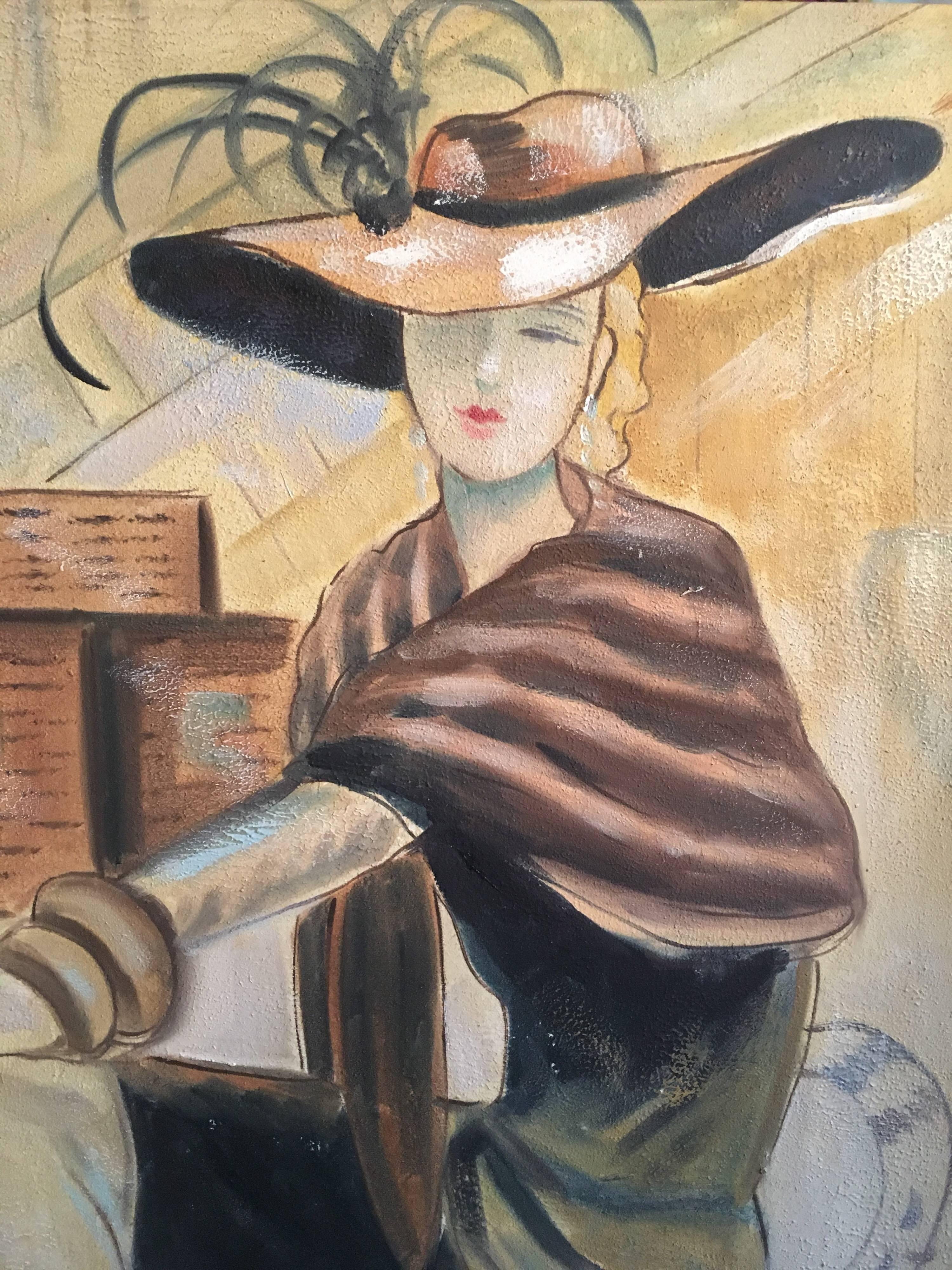 Signora parigina alla moda con cappello e leopardo
Di un artista francese, 21° secolo
Pittura a olio su tela, senza cornice
Dimensioni della tela: 24 x 24 pollici

Una percezione molto chic di una signora in attesa in quello che si presume essere un