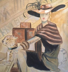 Signora parigina alla moda con cappello e leopardo
