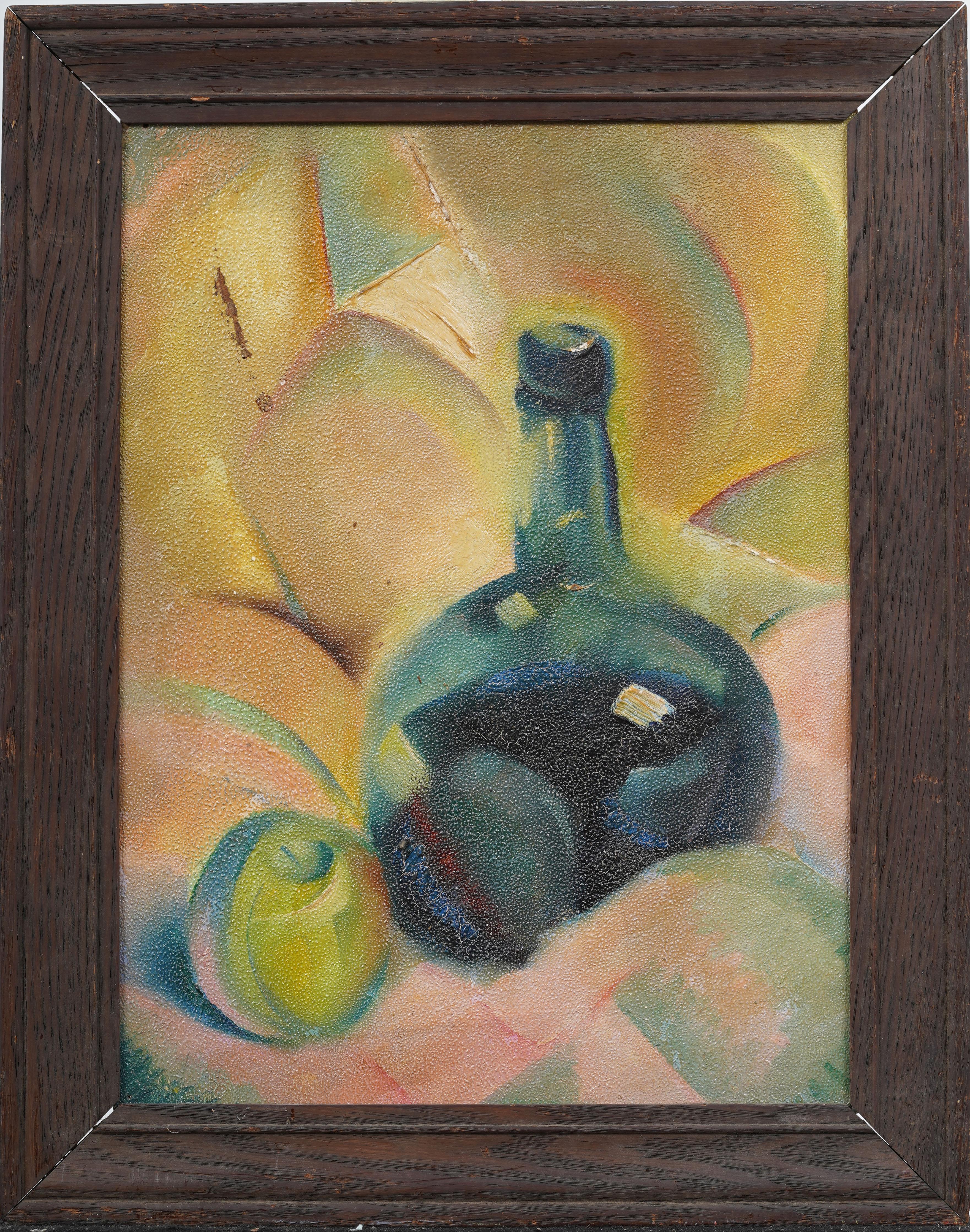 Unknown Still-Life Painting – Fauvist American Modernist Küche Obst Stillleben gerahmt kubistische Ölgemälde
