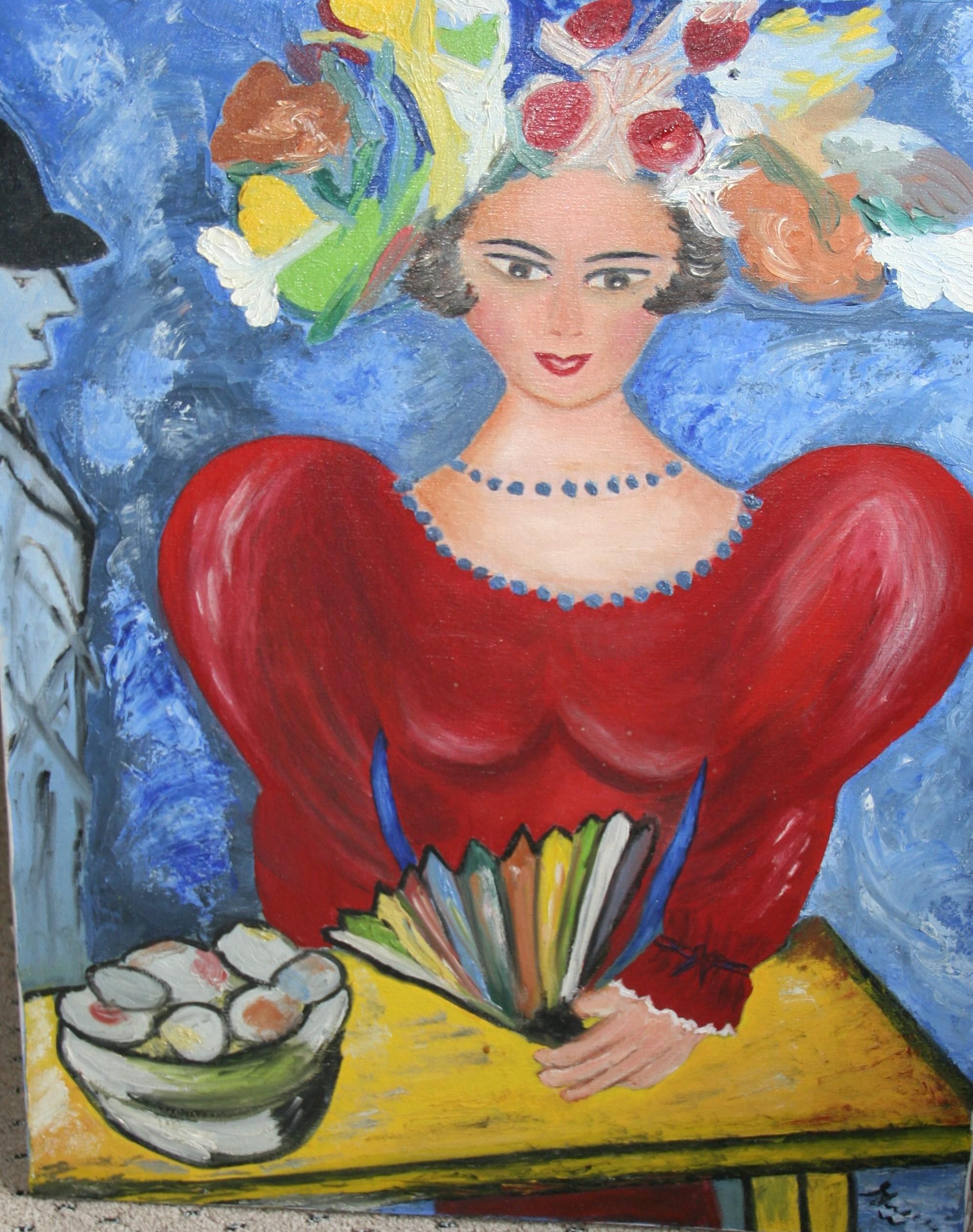 4071 Colorful Fauvist painting of a woman in a red dress with
flowered hat being admired by a passerby
Unframed