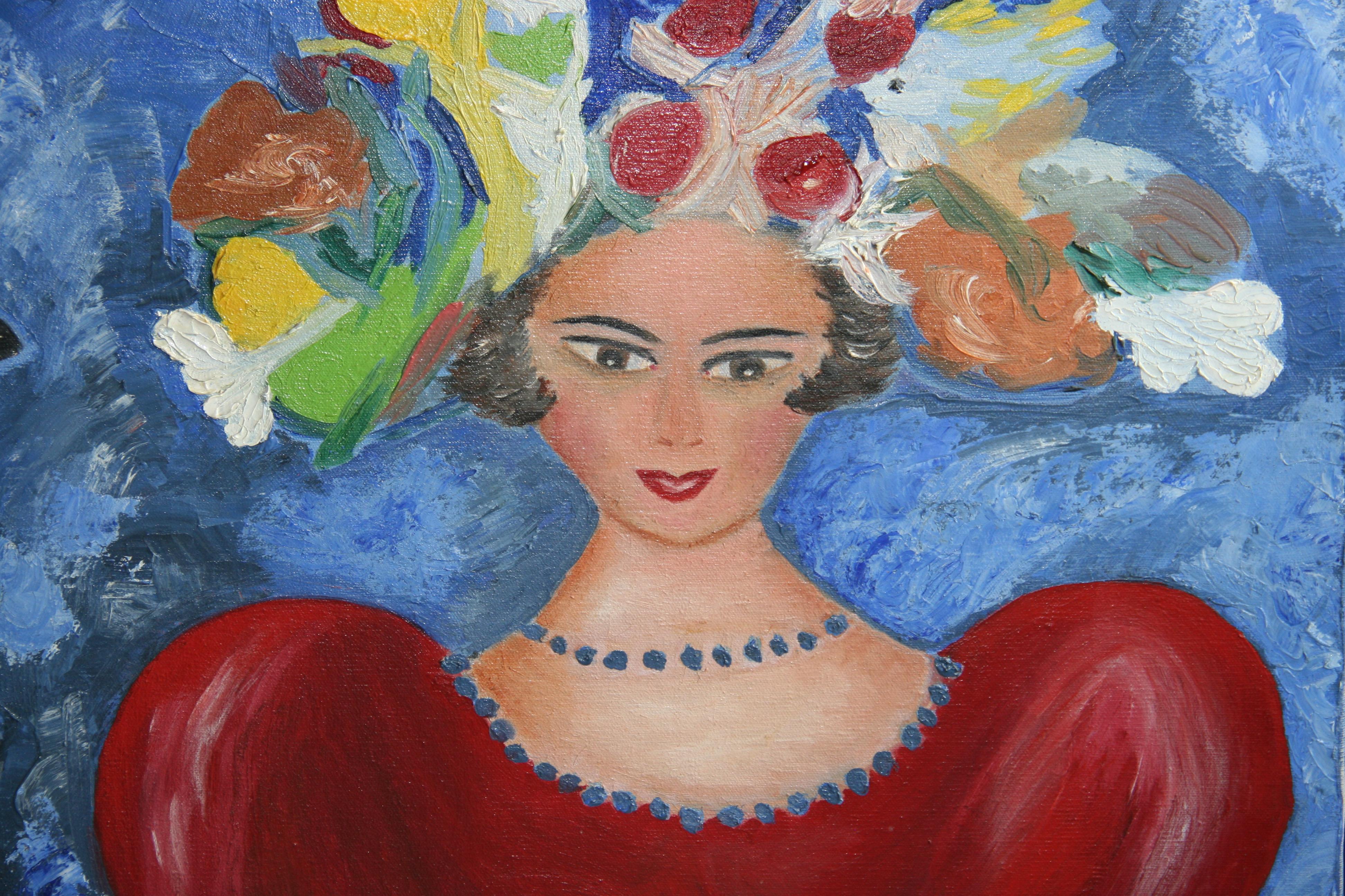 Fauvist French  Female Painting Lady in Red Dress For Sale 1