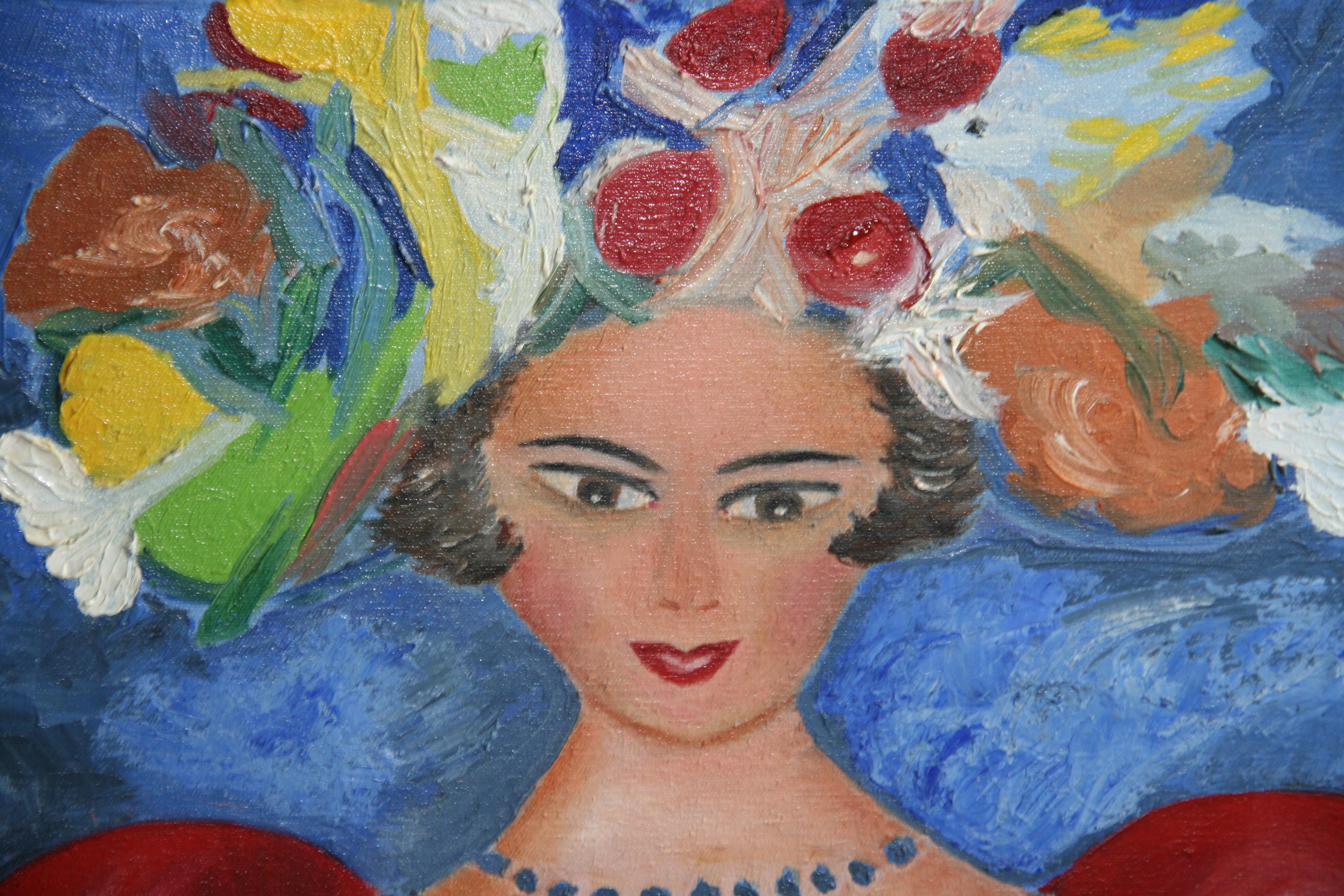 Fauvist French  Female Painting Lady in Red Dress For Sale 5