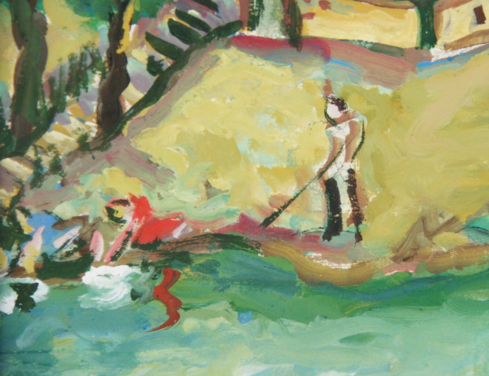 3905 Impressionist French village colorful  landscape gouache on laid paper
Image size 16x11.5