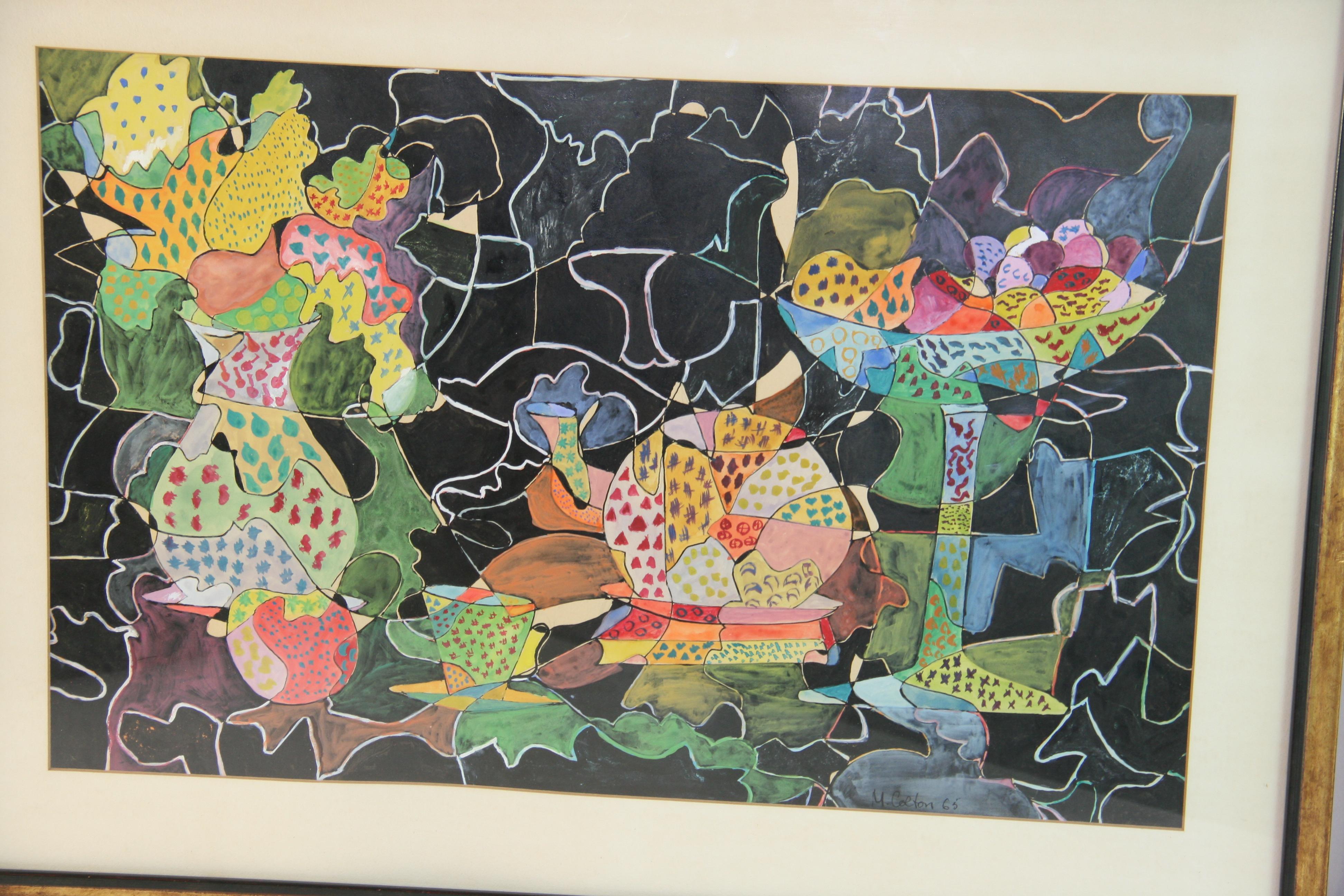 Still-Life Painting di Unknown - Tavola di frutta e fiori fauvista, Gouache, firmata, 14x21 pollici