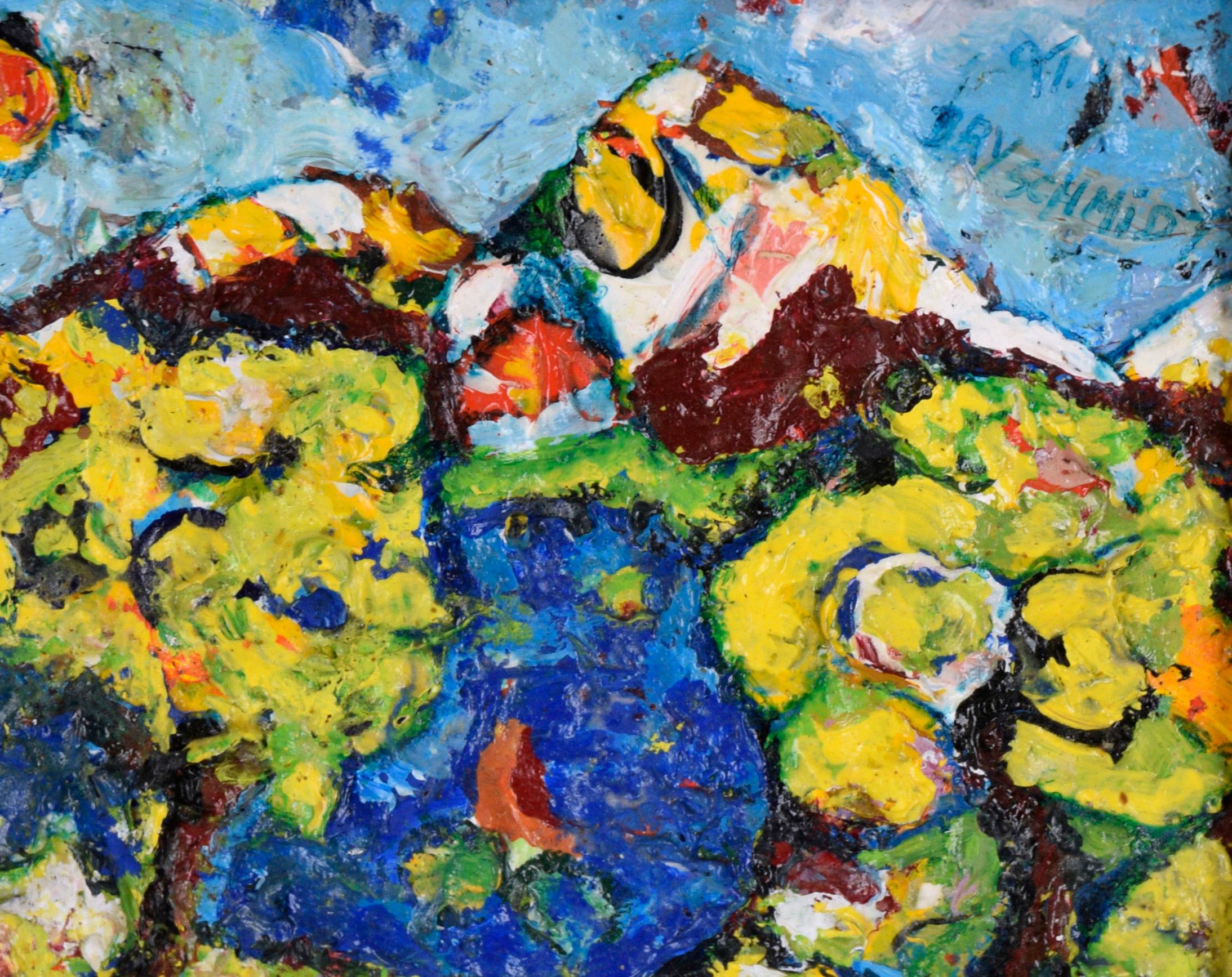 Paesaggio fauvista con lago e montagne in olio su carta - Landscape Painting Marrone di Unknown