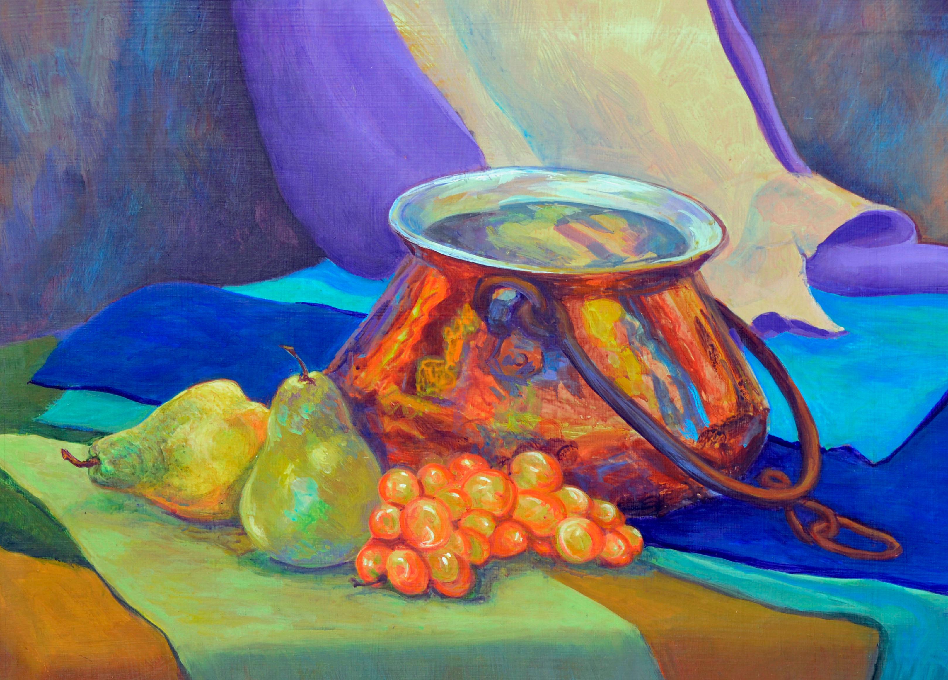 Pears & Grapes with Copper Pot, Mid-Century Fauvist Still-Life - Painting by Unknown