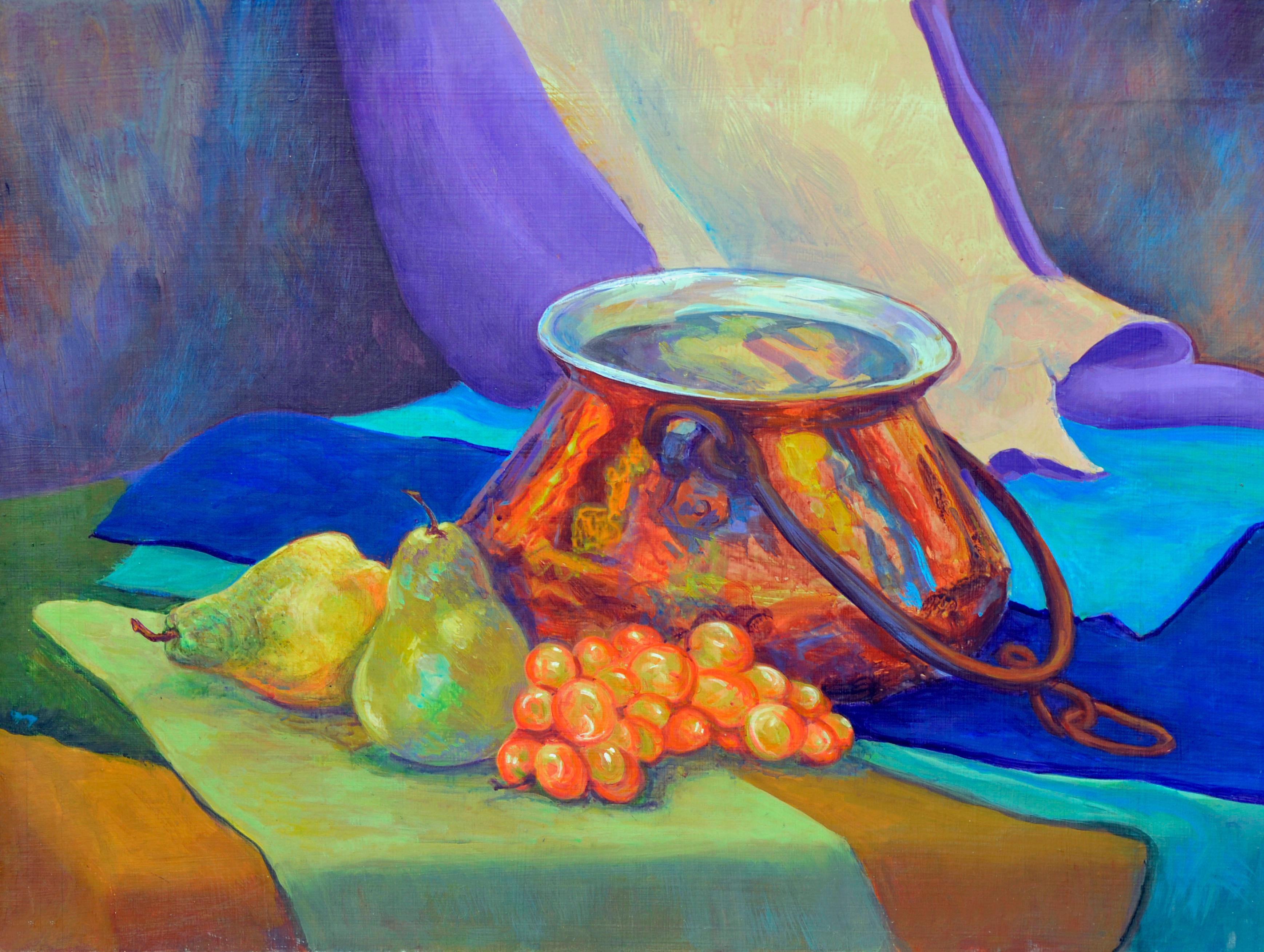 Unknown Still-Life Painting - Pears & Grapes with Copper Pot, Mid-Century Fauvist Still-Life