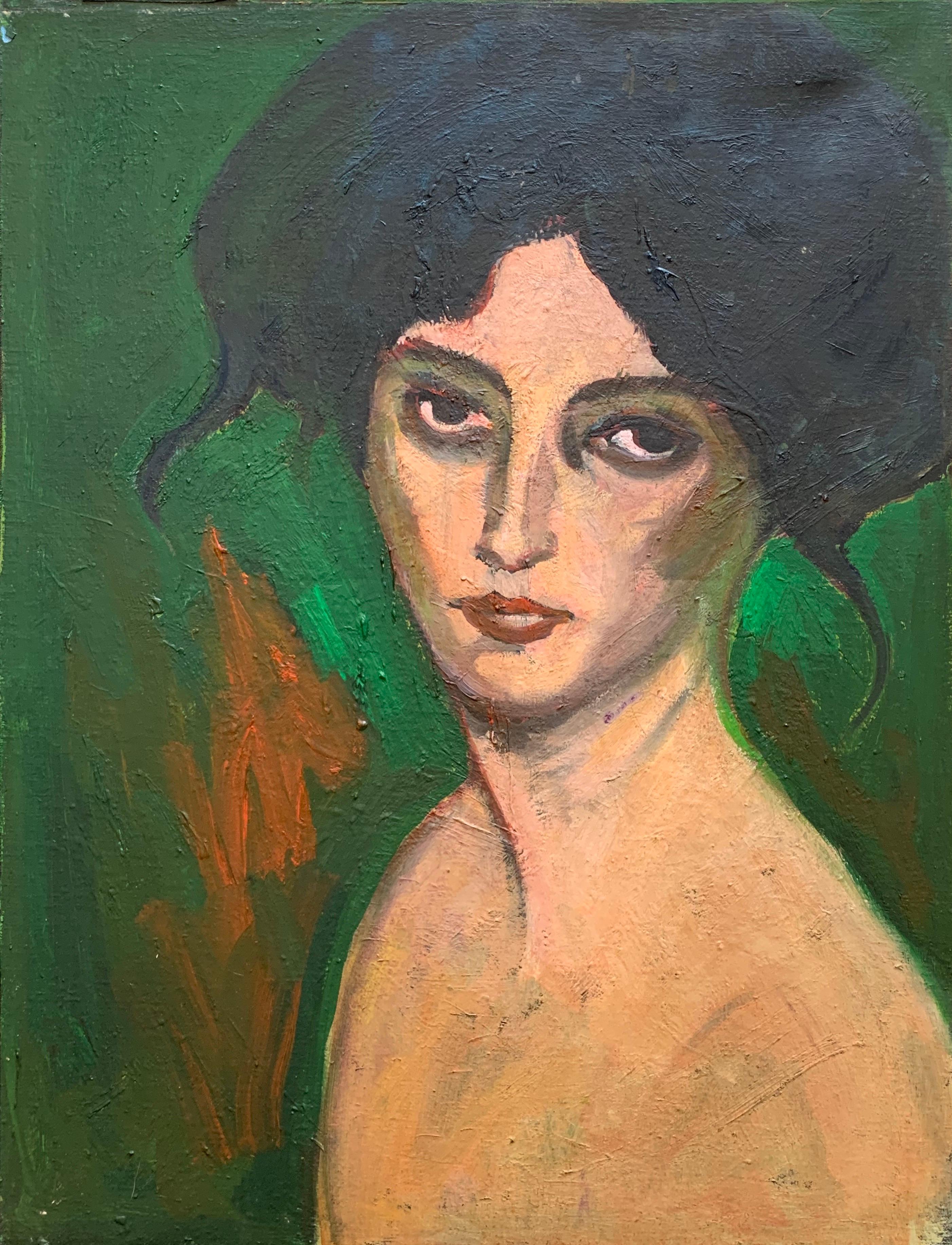 Unknown Portrait Painting - Fauvist Portrait of Women in Green Large French Oil Painting on Canvas