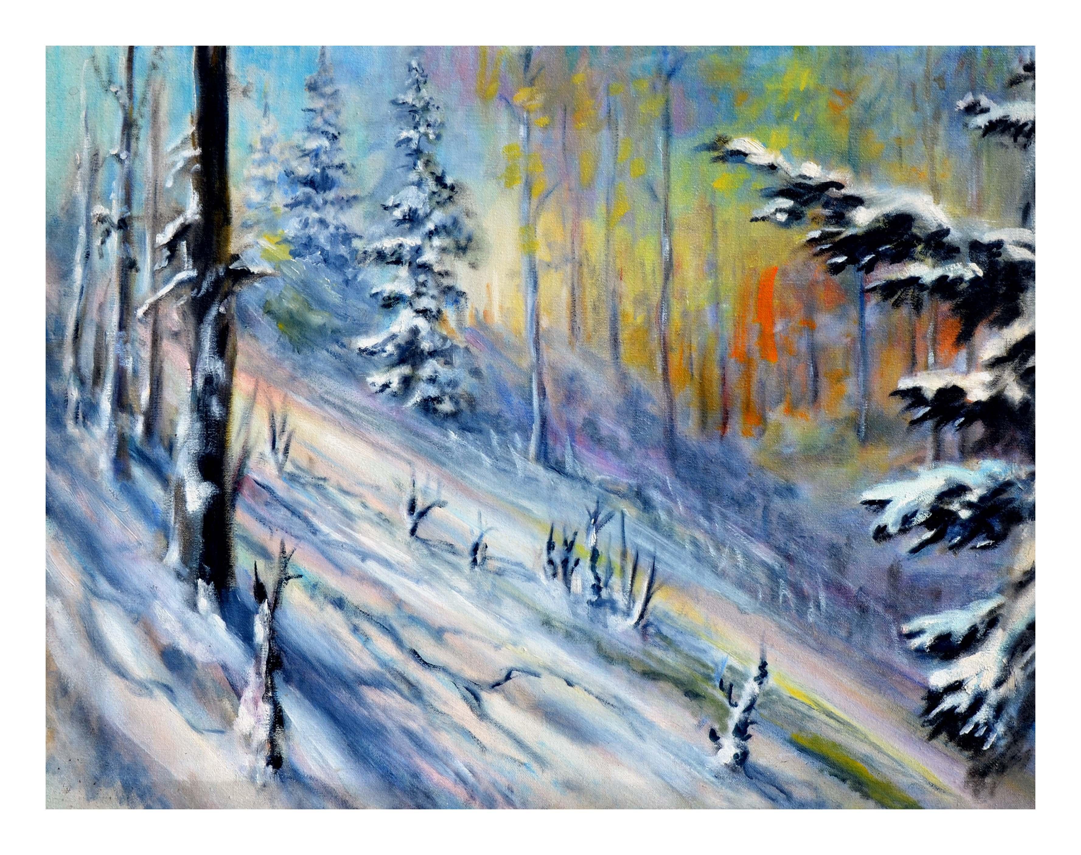 Fauvist Winter Pines Landscape - Painting by Unknown