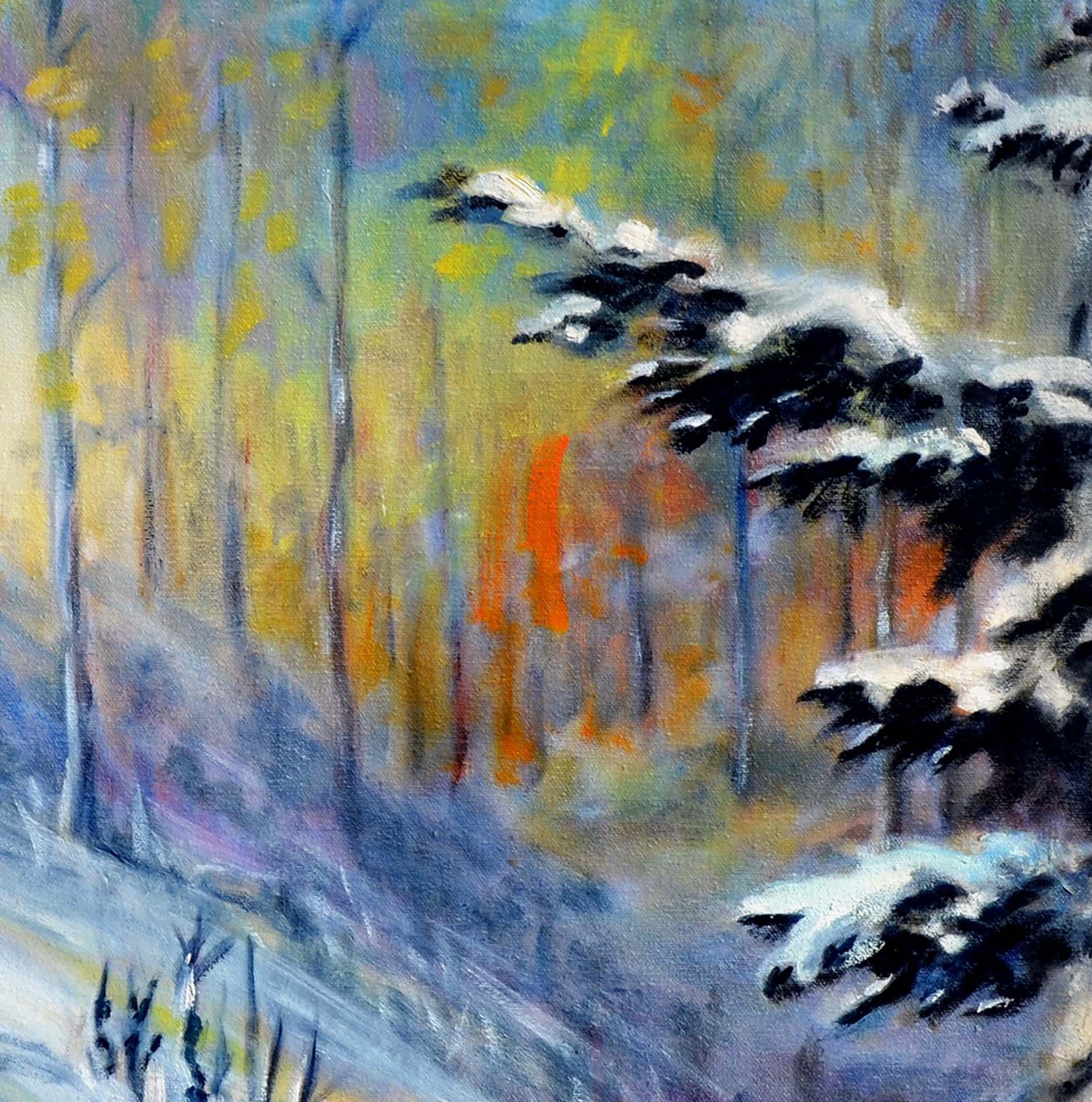 Fauvist Winter Pines Landscape - Gray Landscape Painting by Unknown