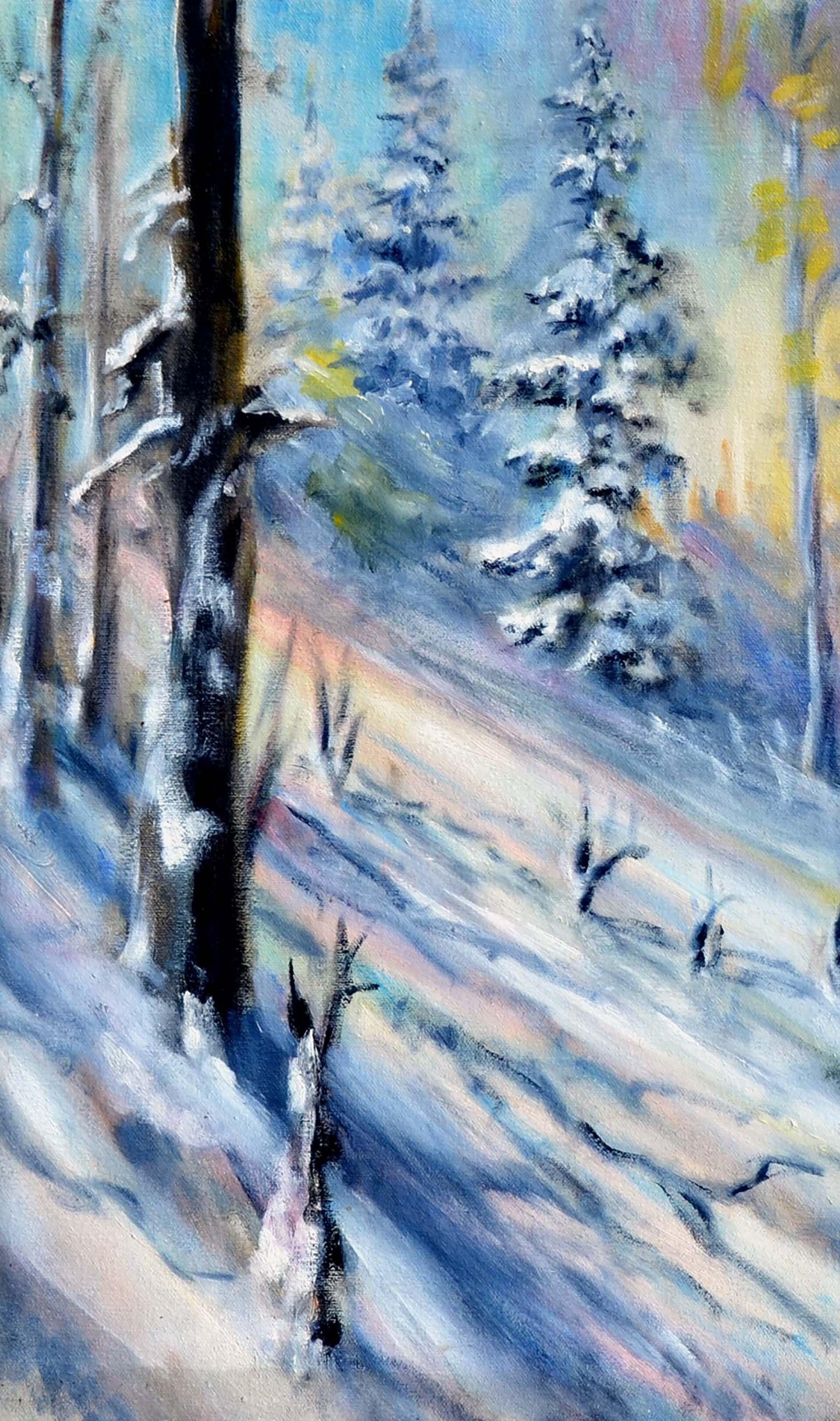 Gorgeous fauvist landscape of winter pines in the mountains, by an unknown artist. Unsigned. Presented in a wood frame. Image size, 22
