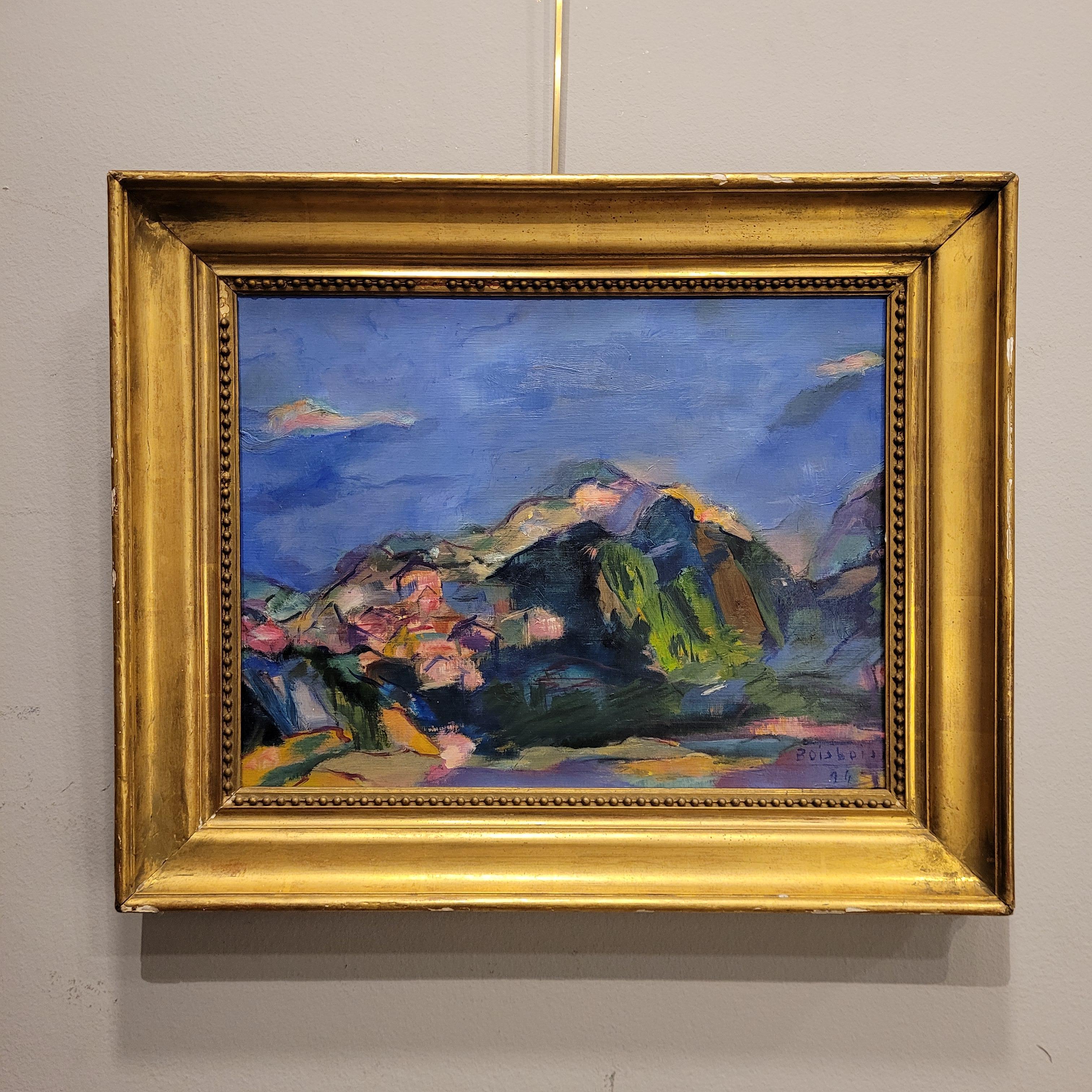 Splendido  Paesaggio fauvista della pittrice francese Mathilde de Boisboissel. Raffigura un paesaggio montuoso sotto un cielo blu intenso. La caratteristica più sorprendente è senza dubbio l'intensa e vibrante tavolozza di colori: blu intenso nel