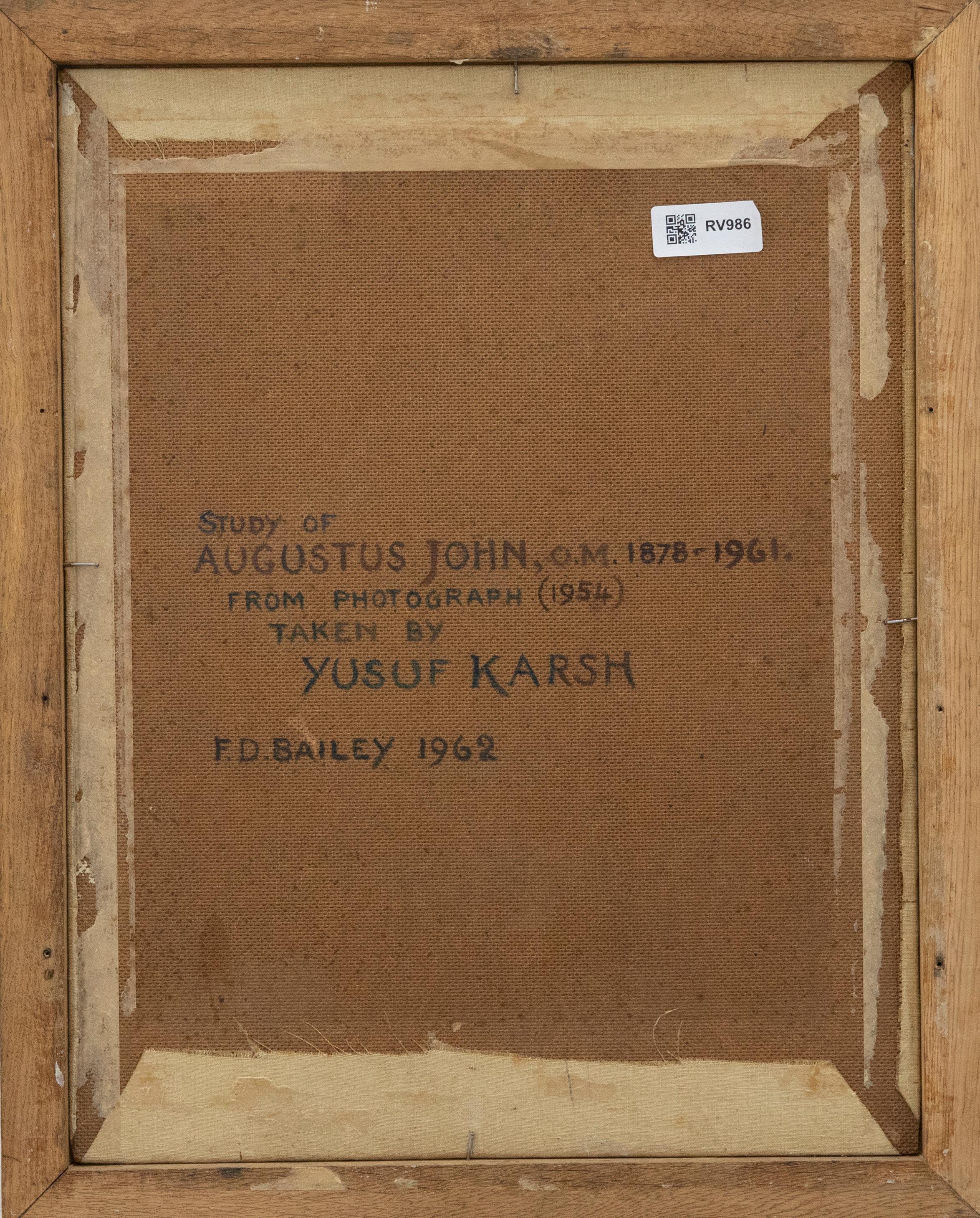 A 20th century portrait of Augustus John, O.M. (1878-1961), painted from a photograph taken by Yusuf Karsh in 1954. The profile has been well-presented in a fine oak frame. Signed to the lower left and dated 1962. With a full artist inscription