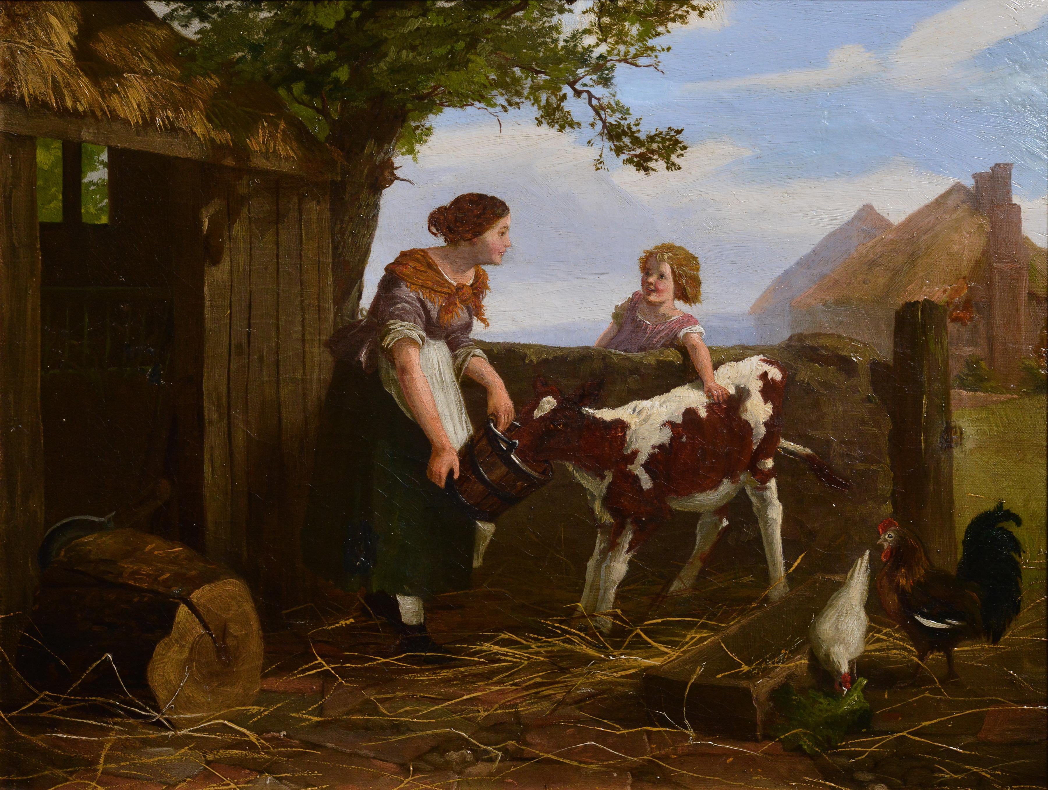 Feeding a Calf Lovely Farm Scene with Redhead Girl mid 19th Century Oil Painting - Brown Animal Painting by Unknown