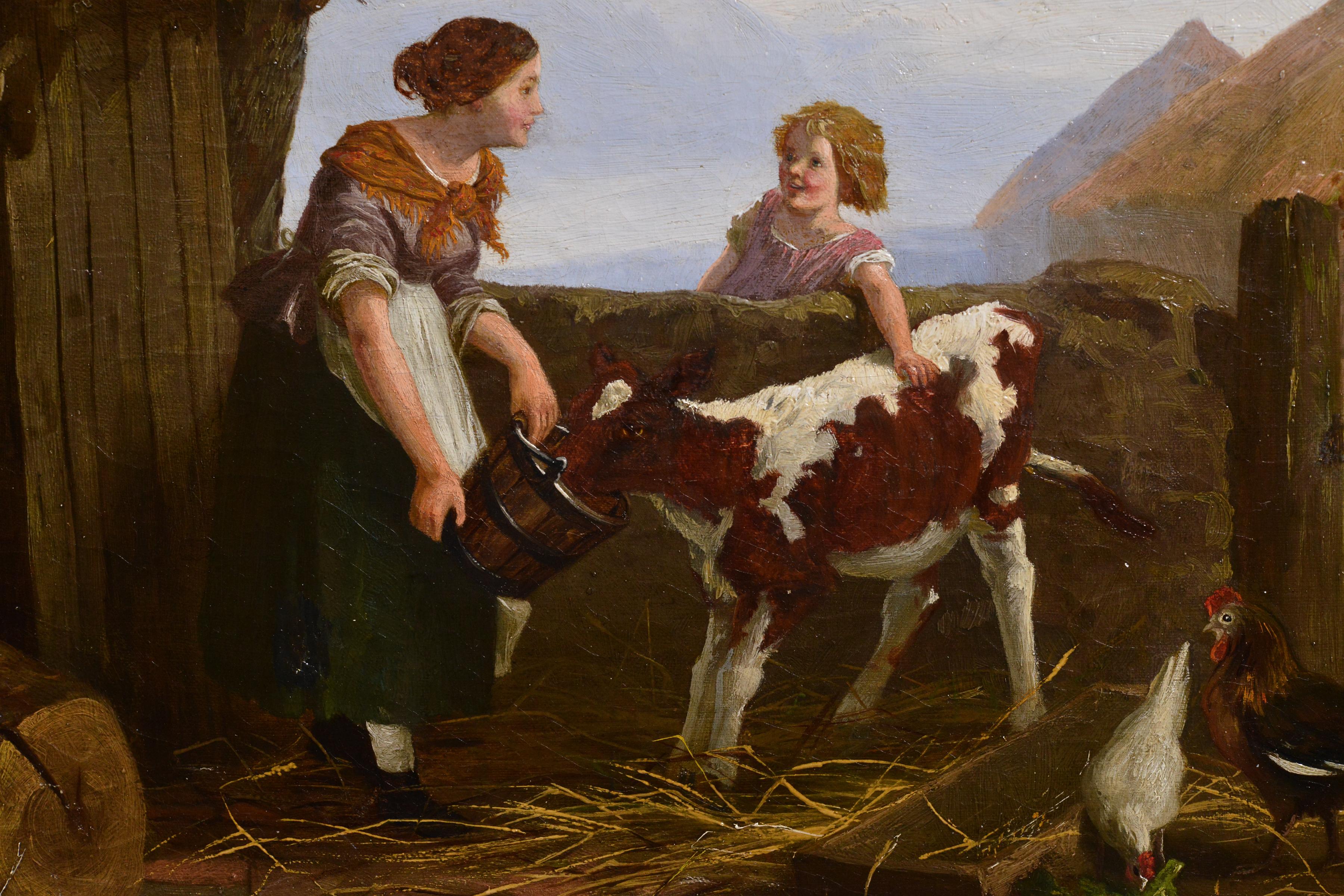 As we gaze upon this artwork, we are immediately struck by the warmth and tenderness exuding from the scene. The woman, with a gentle smile on her face, carefully feeds the pet calf, while the redhead girl, her eyes sparkling with excitement,