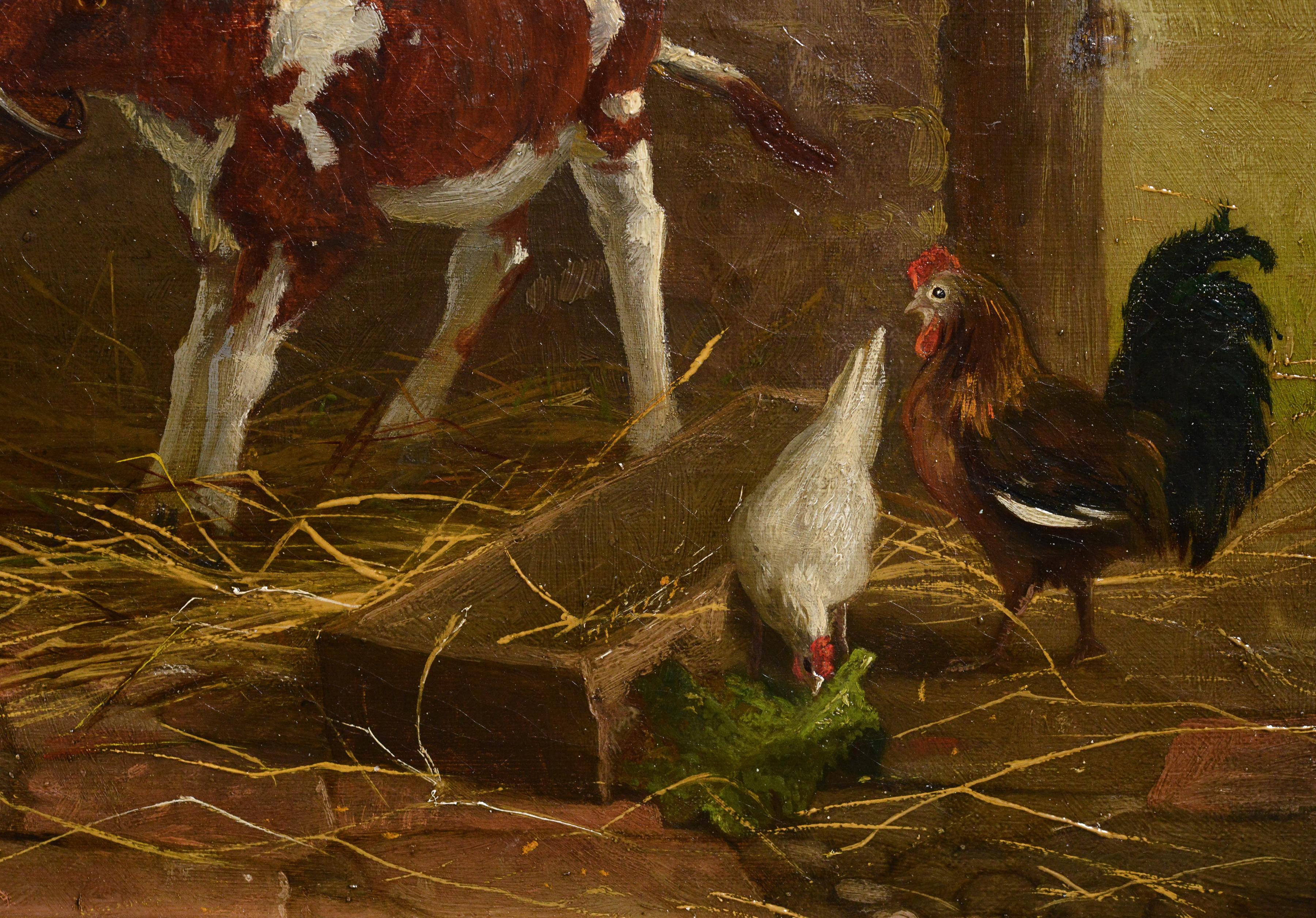 Lovely Farm Scene mit Rotkopf-Mädchen, Feeding a Calf, Ölgemälde, Mitte des 19. Jahrhunderts (Braun), Animal Painting, von Unknown