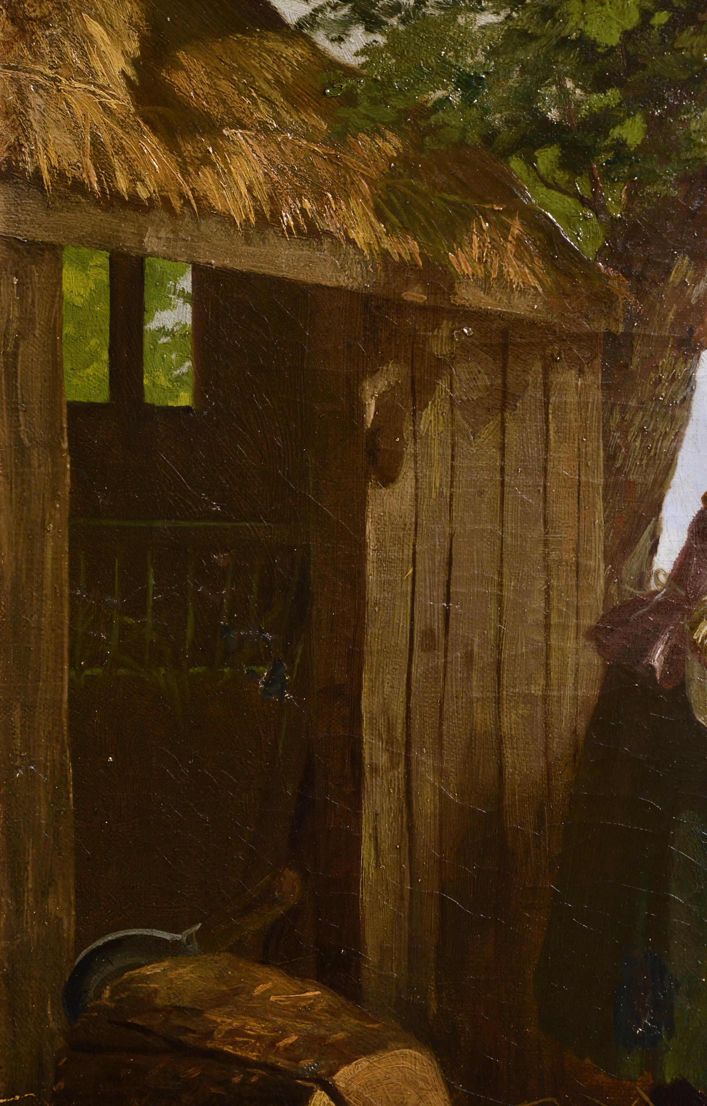Jolie scène de ferme avec une fille à la tête de rouge, milieu du 19e siècle en vente 1