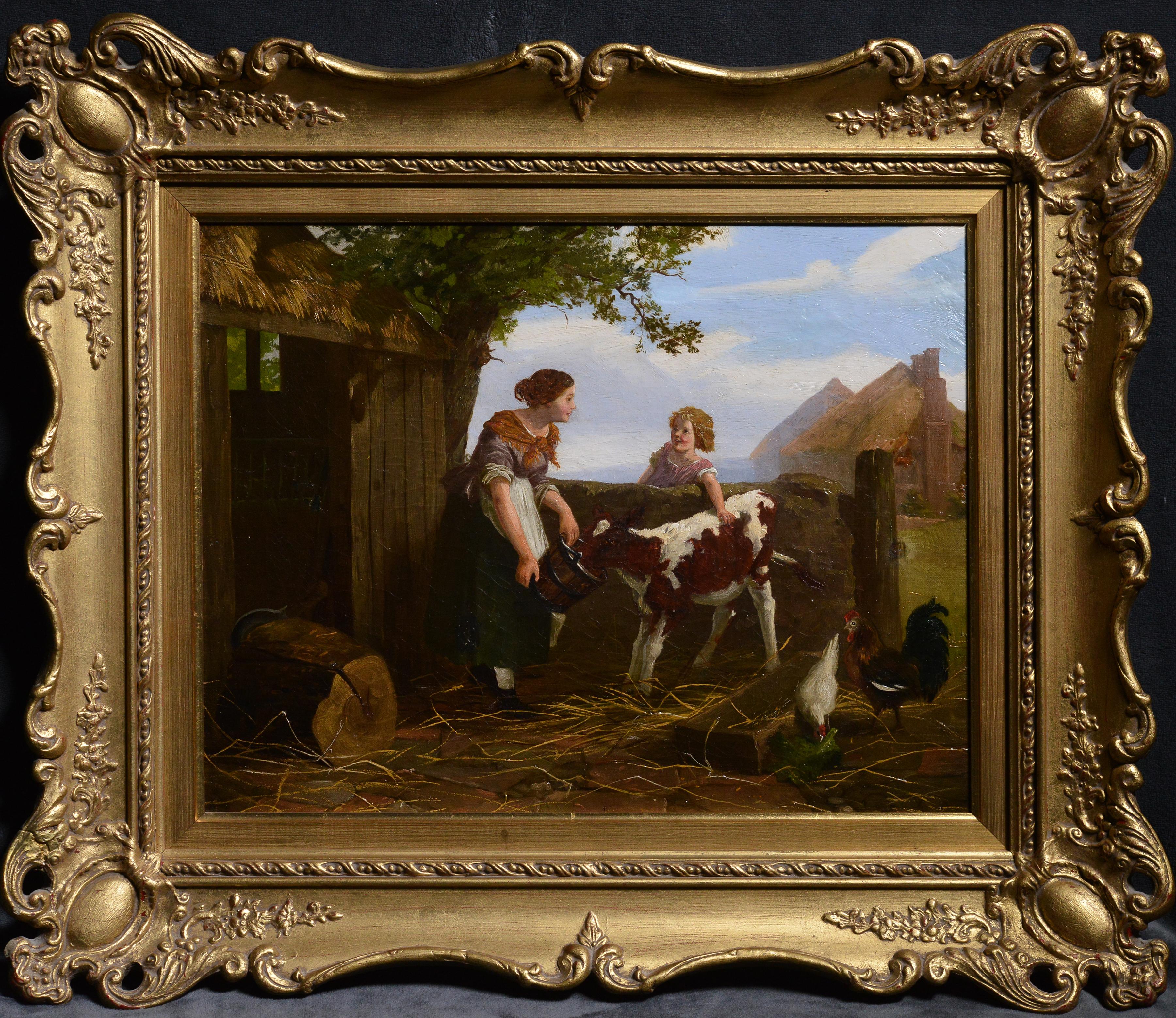 Unknown Animal Painting - Feeding a Calf Lovely Farm Scene with Redhead Girl mid 19th Century Oil Painting