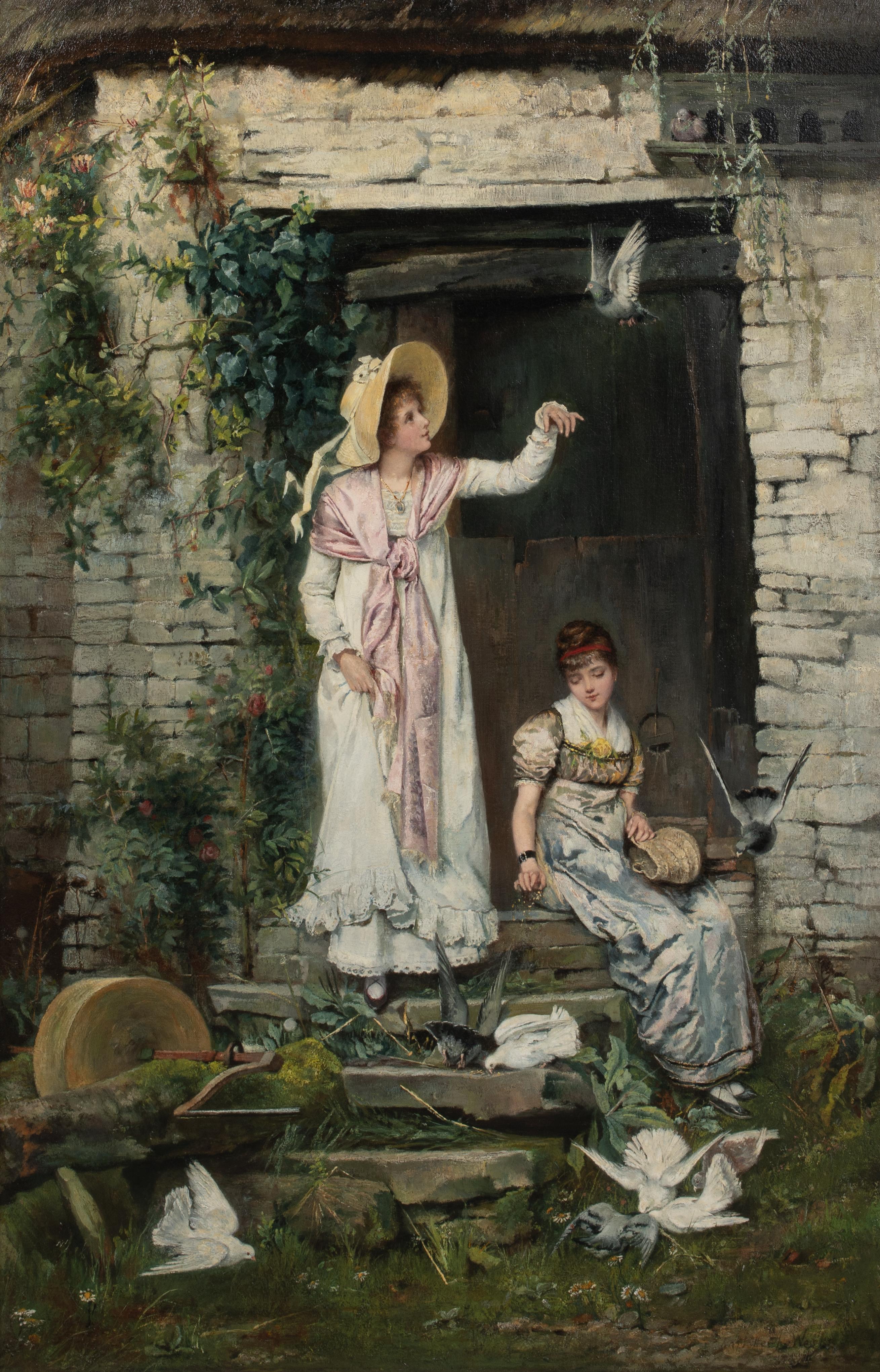Feeding The Birds, 19th Century  by Charlotte J Weeks (19th Century, British) - Black Portrait Painting by Unknown