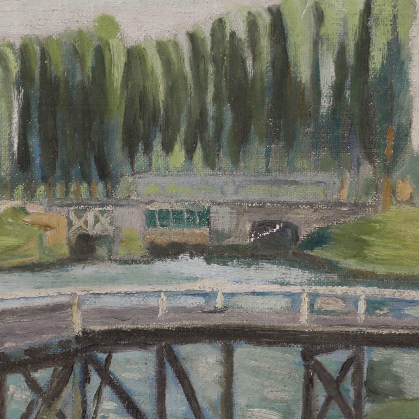 Paisaje fluvial al óleo. Presentado en un marco dorado y blanco. Firmado. Sobre tabla de lienzo.