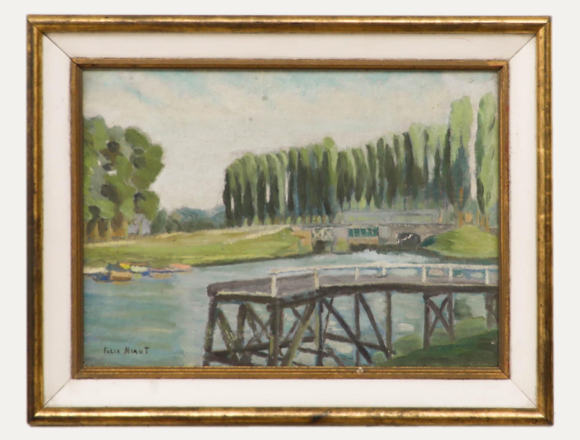 Landscape Painting de Unknown - Félix Niaut (1895-1988) - Escuela francesa Mediados del siglo XX Óleo, El pontón