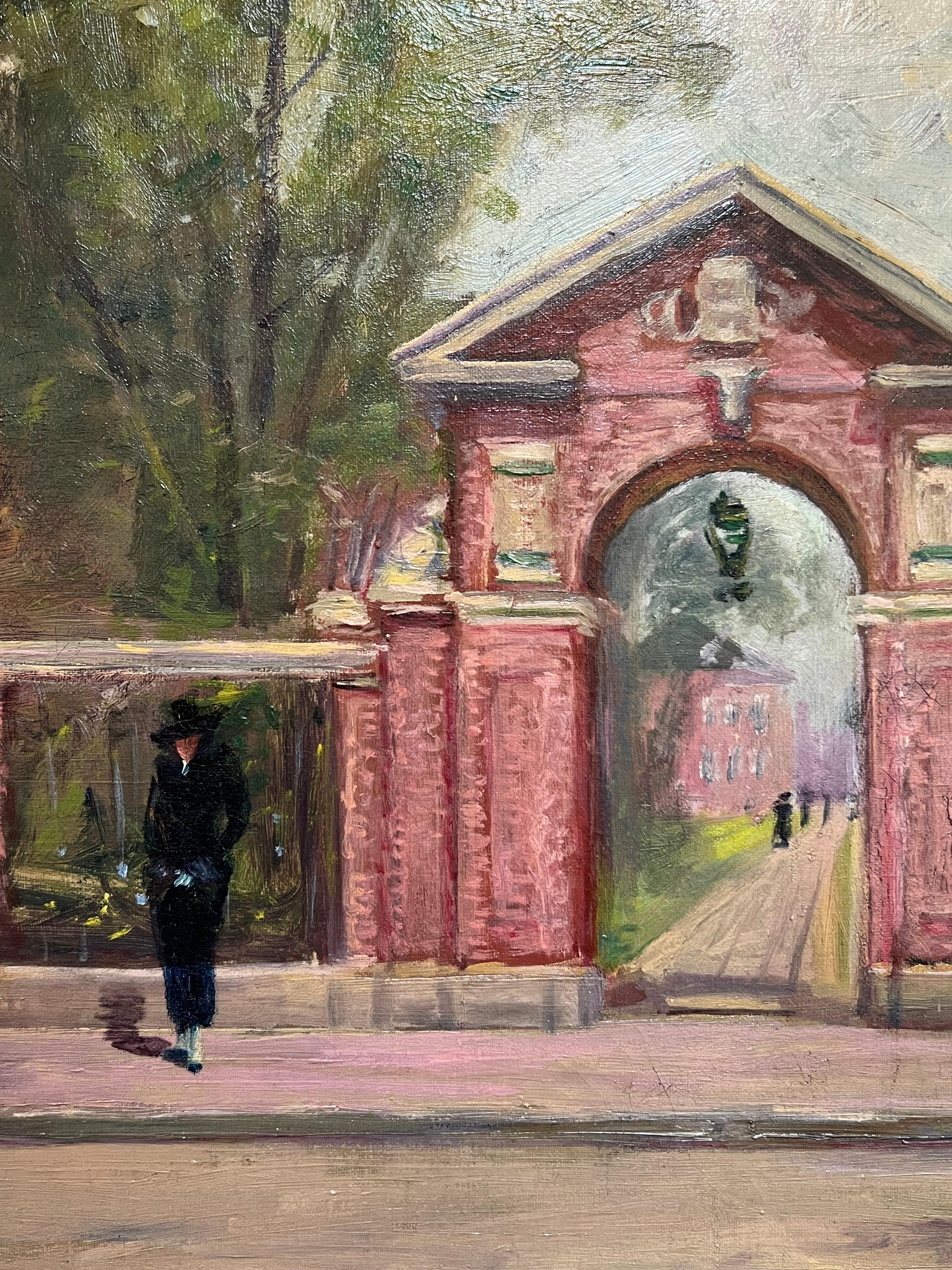 FEMALE Impressionist PORCELLIAN Gate Entrance HARVARD UNIVERSITY Figure W/ DOG - Painting by Unknown