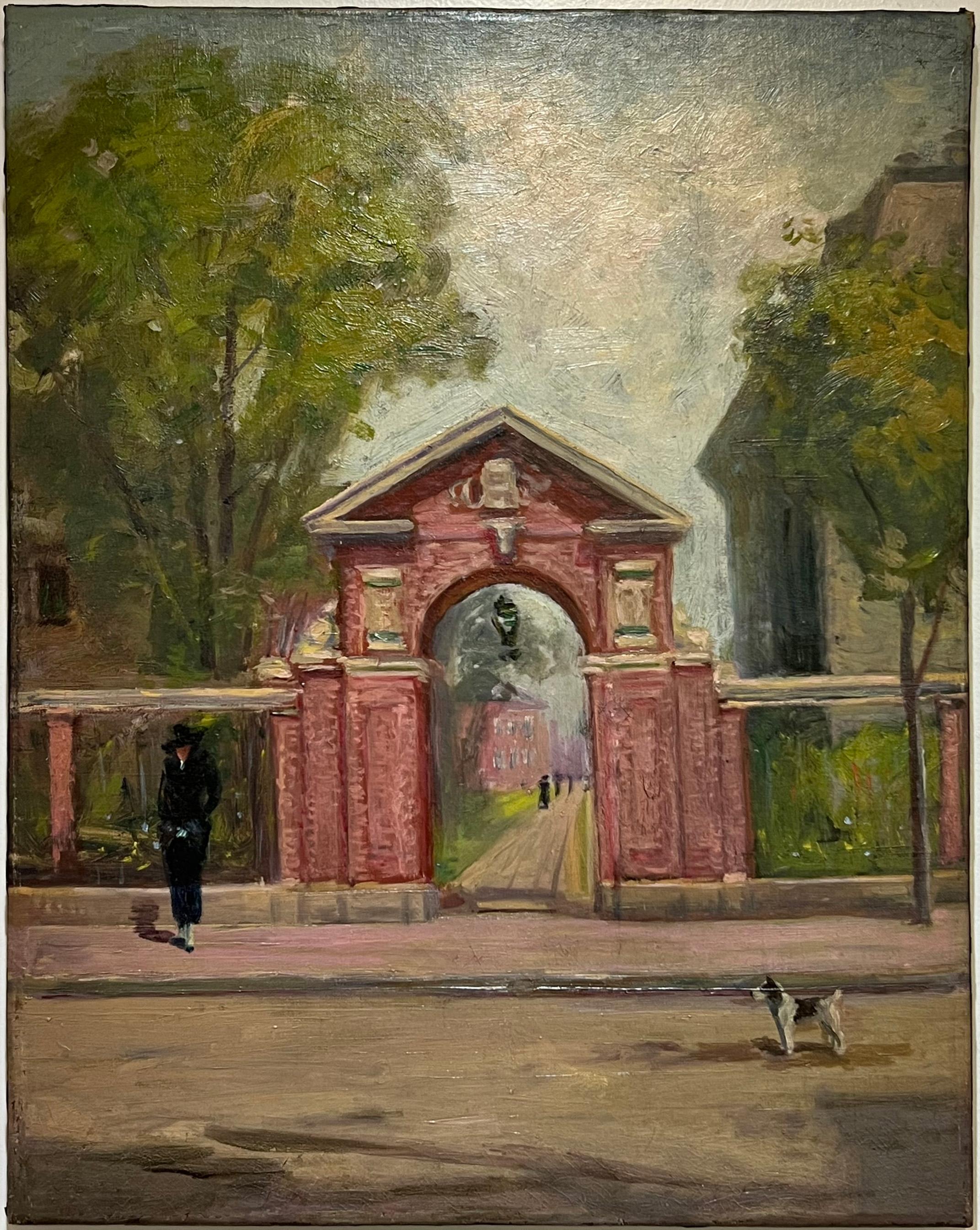 Unknown Landscape Painting - FEMALE Impressionist PORCELLIAN Gate Entrance HARVARD UNIVERSITY Figure W/ DOG