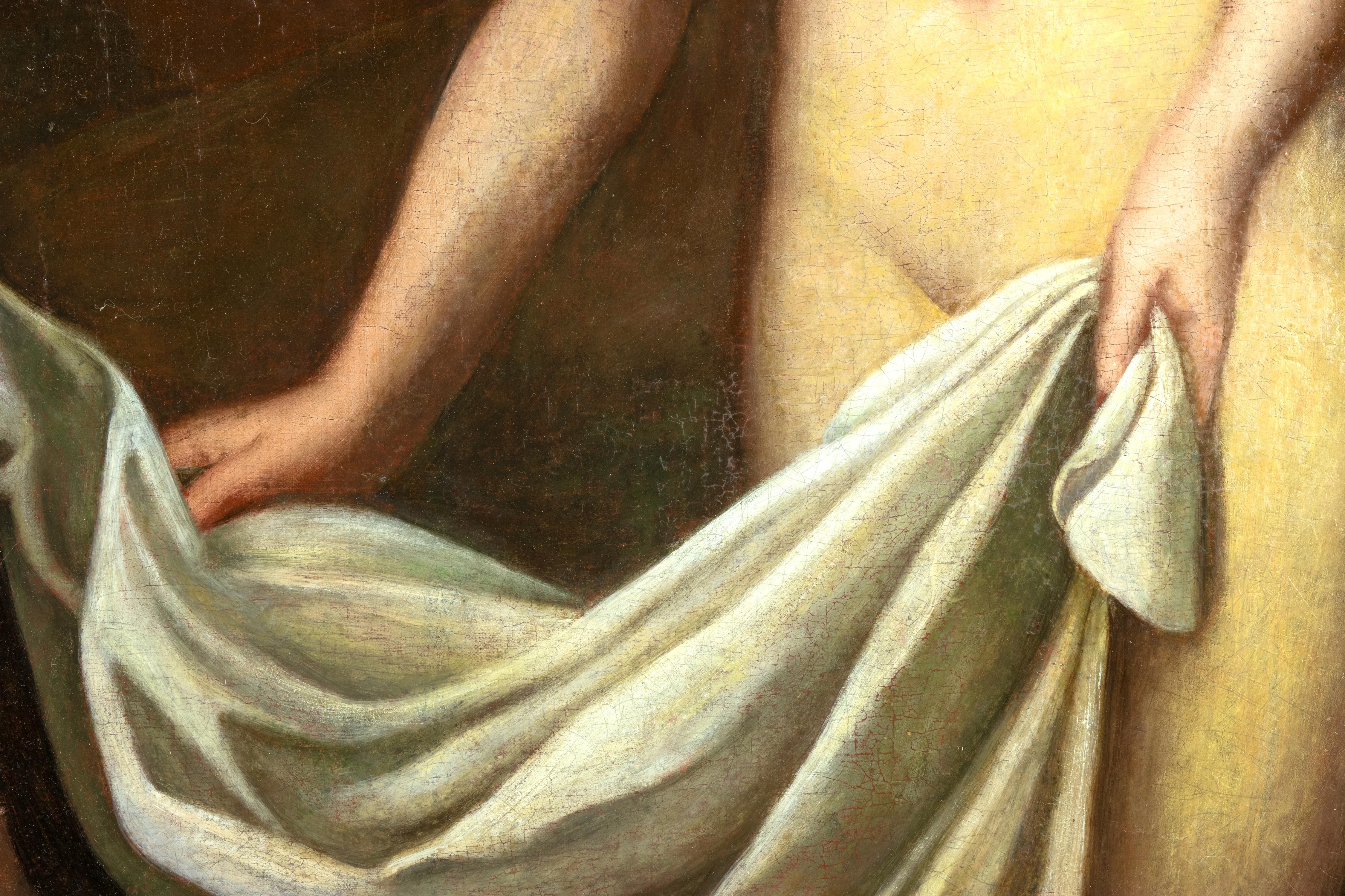 Desnudo femenino delante de una cortina con ropa - Óleo sobre lienzo - Siglo XVIII - Painting Moderno de Unknown