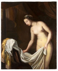 Männlicher Akt vor einem Vorhang mit Kleidern – Öl auf Leinwand – 18. Jahrhundert