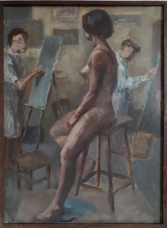 Female nude in the atelier, original oil canvas, French expressionist, 1930 c.