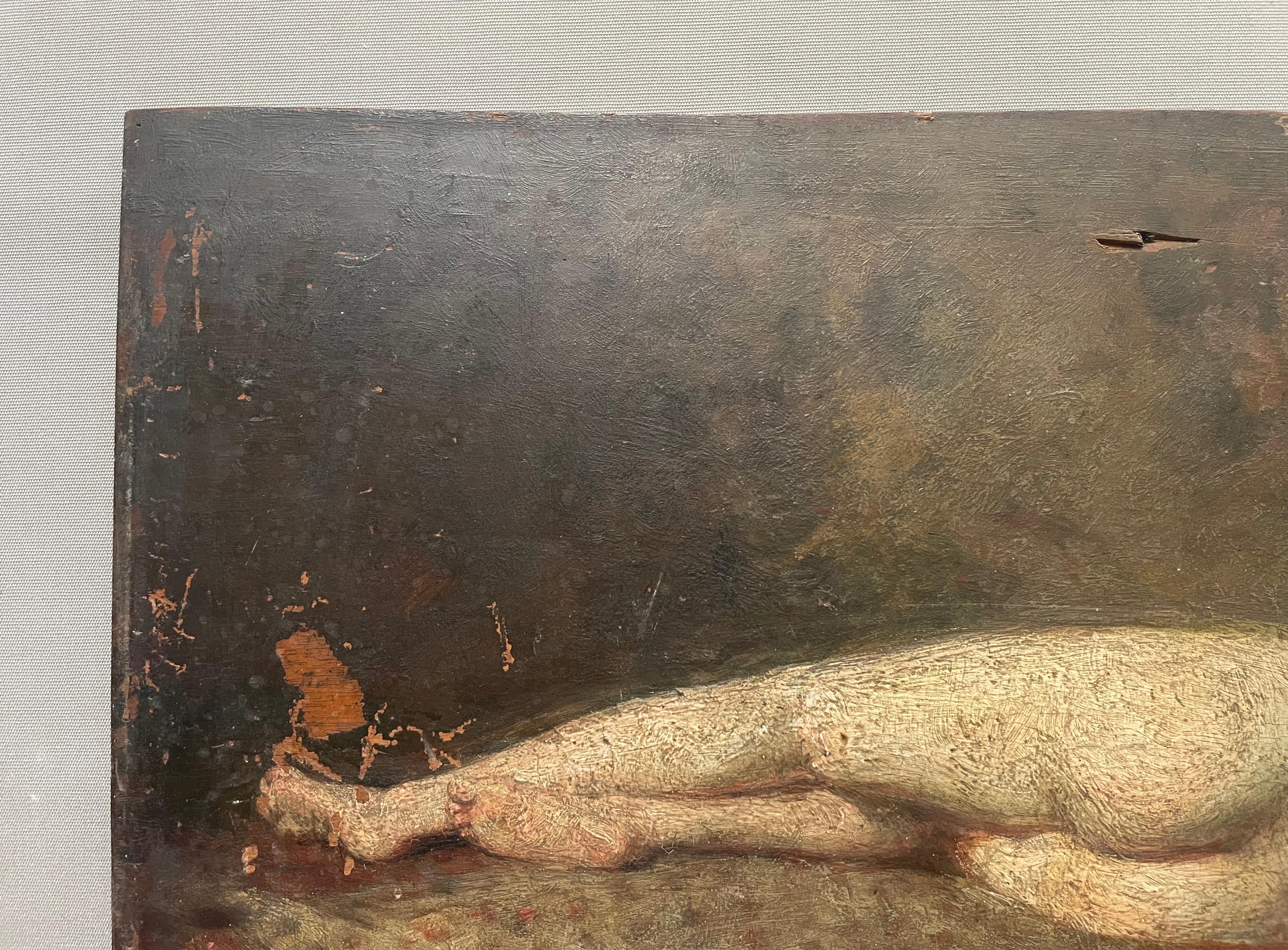 Nu féminin, huile sur panneau, signature à identifier - Marron Nude Painting par Unknown