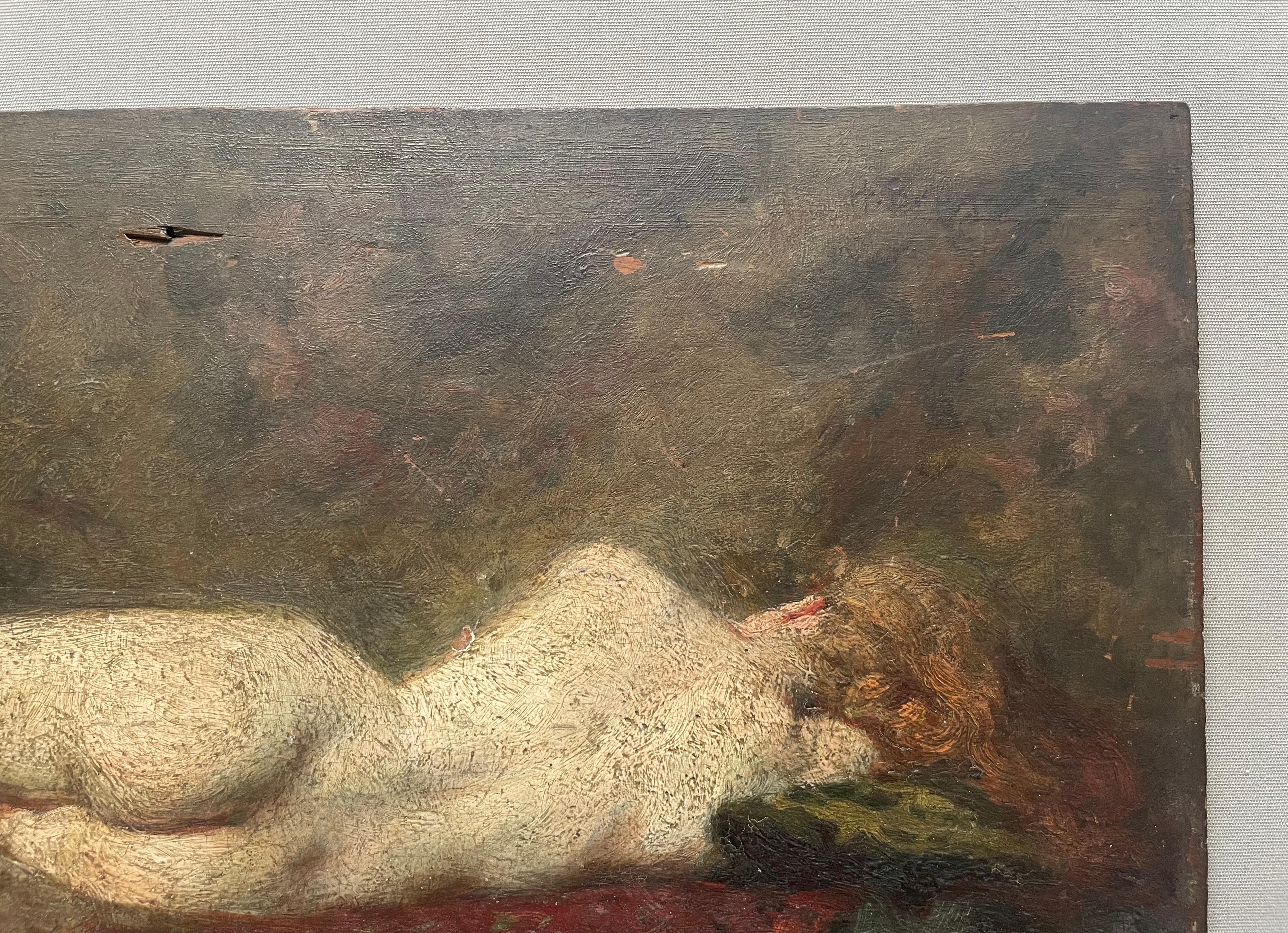 Femme nue.  Huile sur panneau, signature à déchiffrer en haut à droite.  Une date figure au dos du panneau : 12 avril 1902 ( ?)  Un trou et de petits éclats de bois en haut au centre.  Rayures, éclats de peinture, voir photos.  37.5 x 60 cm