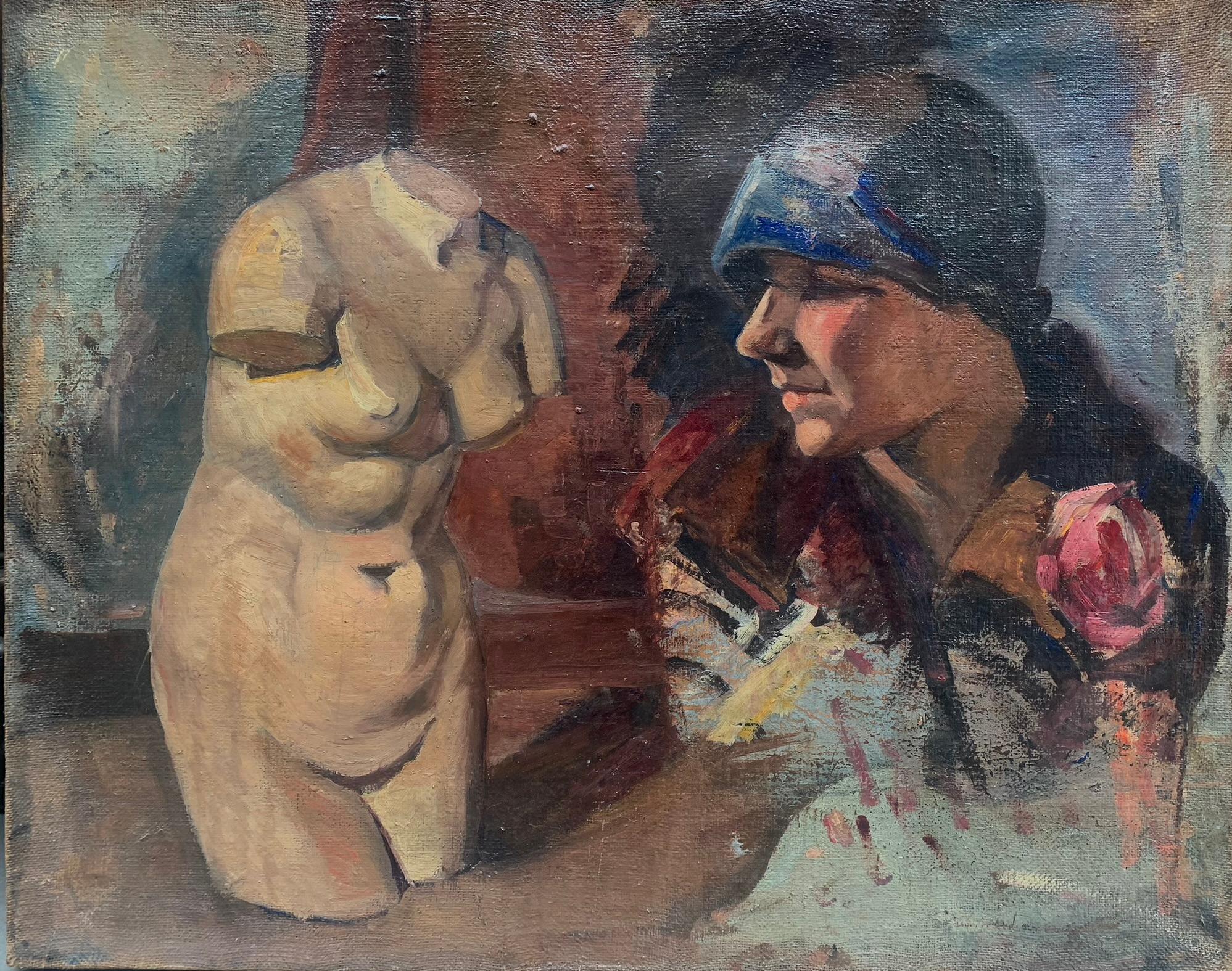 Female Torso And Portrait Of The 1920s. Double Sketch On Canvas. - Painting by Unknown