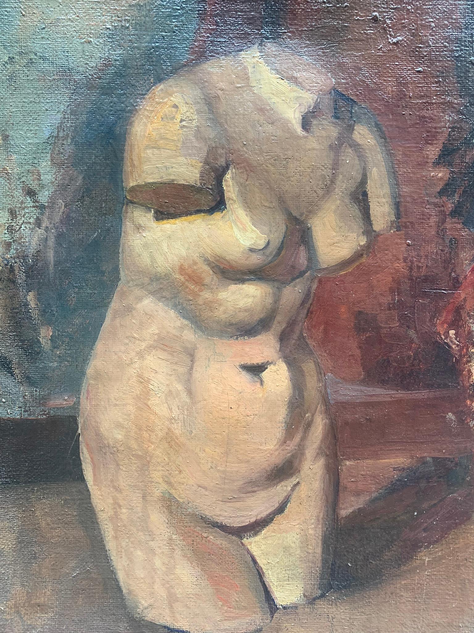 Female Torso And Portrait Of The 1920s. Double Sketch On Canvas. - Art Deco Painting by Unknown