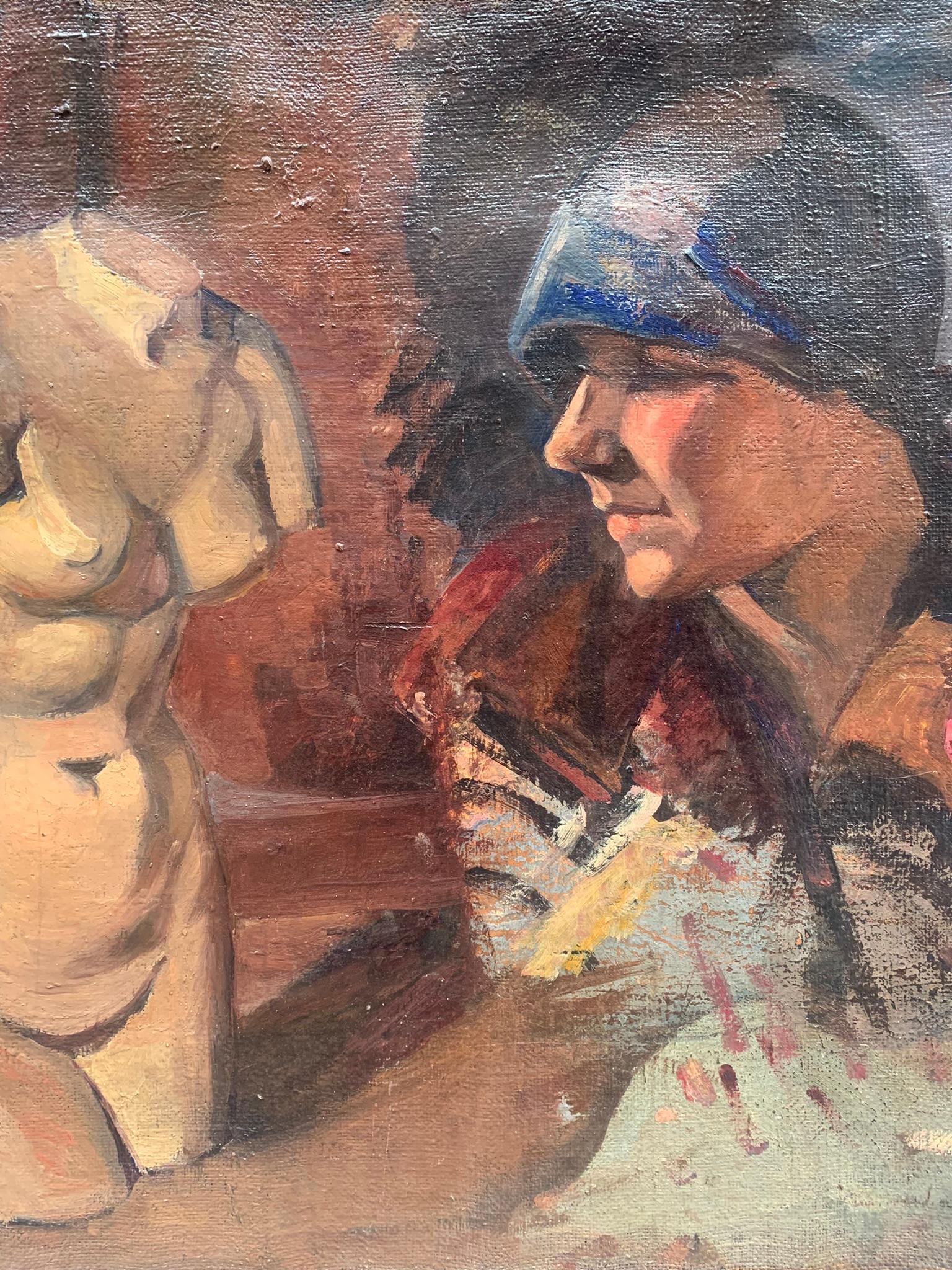 Female Torso And Portrait Of The 1920s. Double Sketch On Canvas. For Sale 4