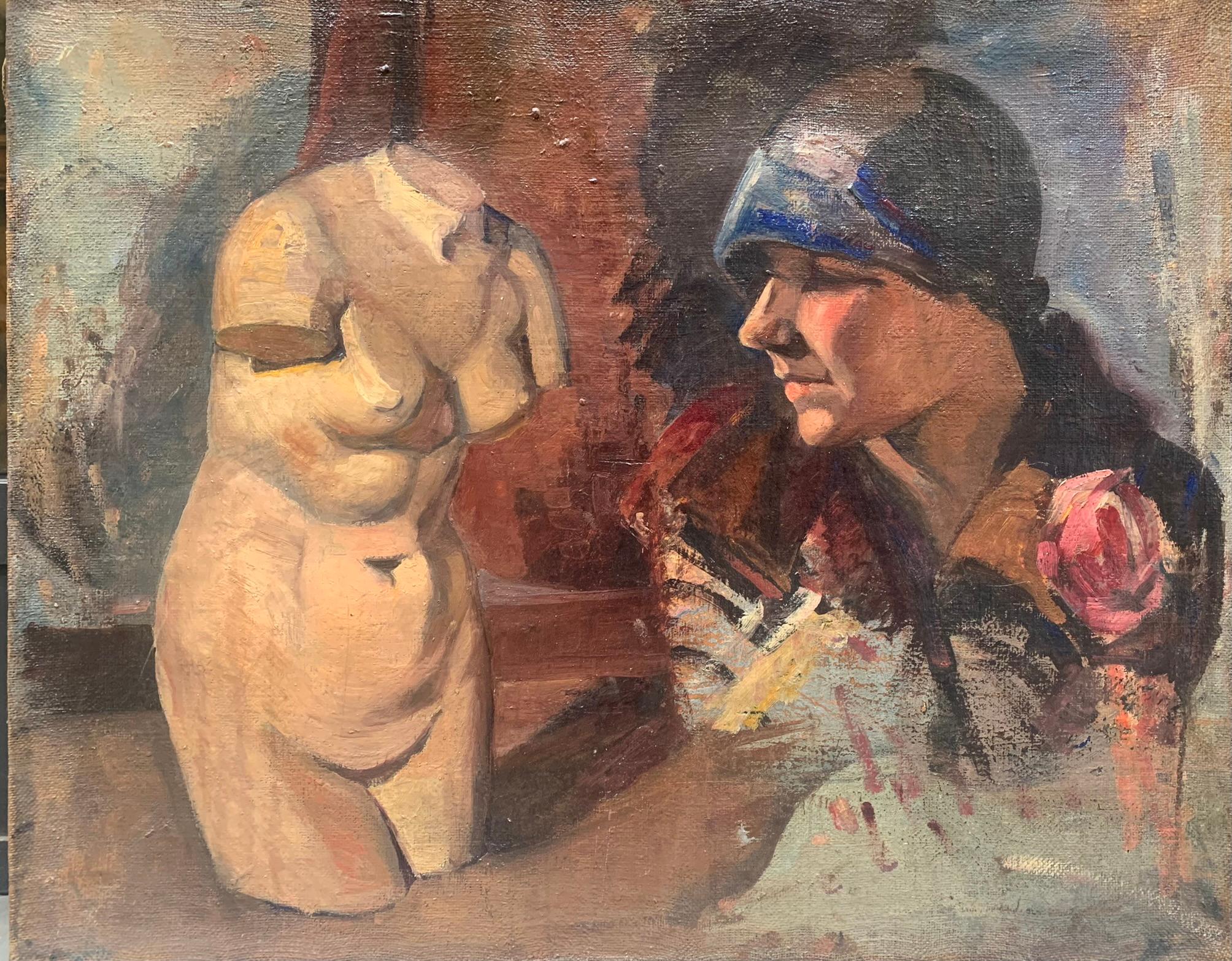 Unknown Portrait Painting – Weiblicher Torso und Porträt aus den 1920er Jahren. Doppelte Skizze auf Leinwand.
