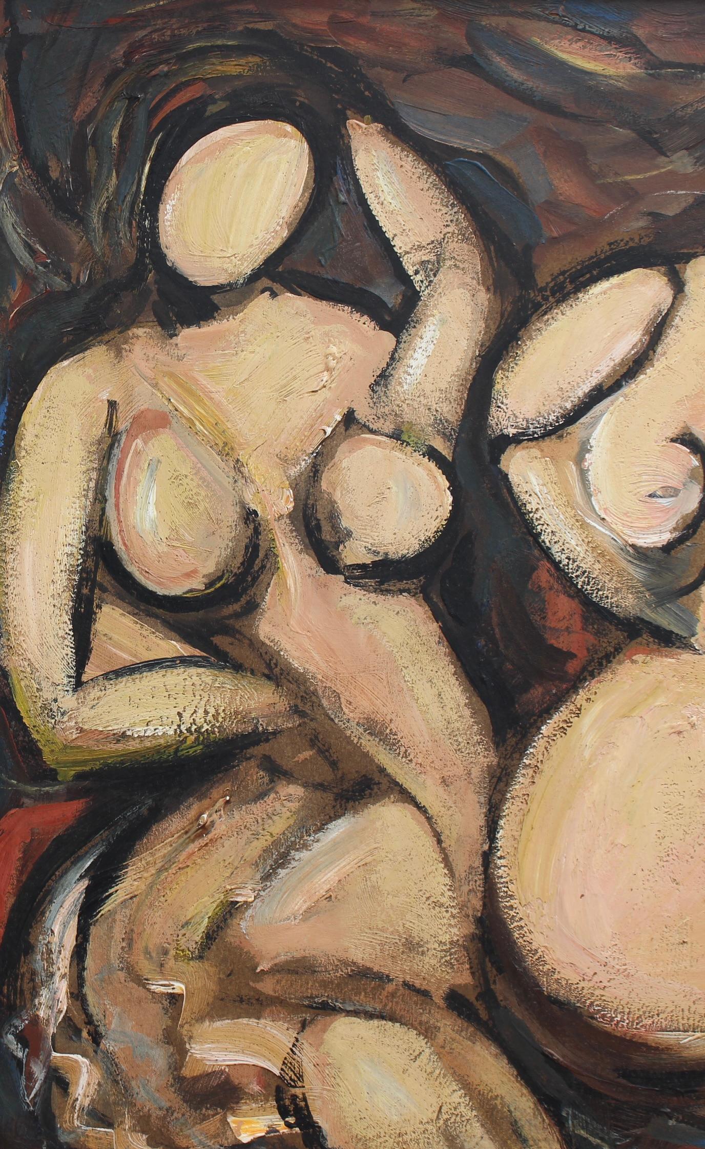 'Feminine Forms: Harmony in Curves', oil on board, German School (circa 1980s). Two nude figures portrayed in the abstract posture differently. Both are curvaceous and Rubenesque. Reposing on what appears to be a lush bed of leaves, the figures'
