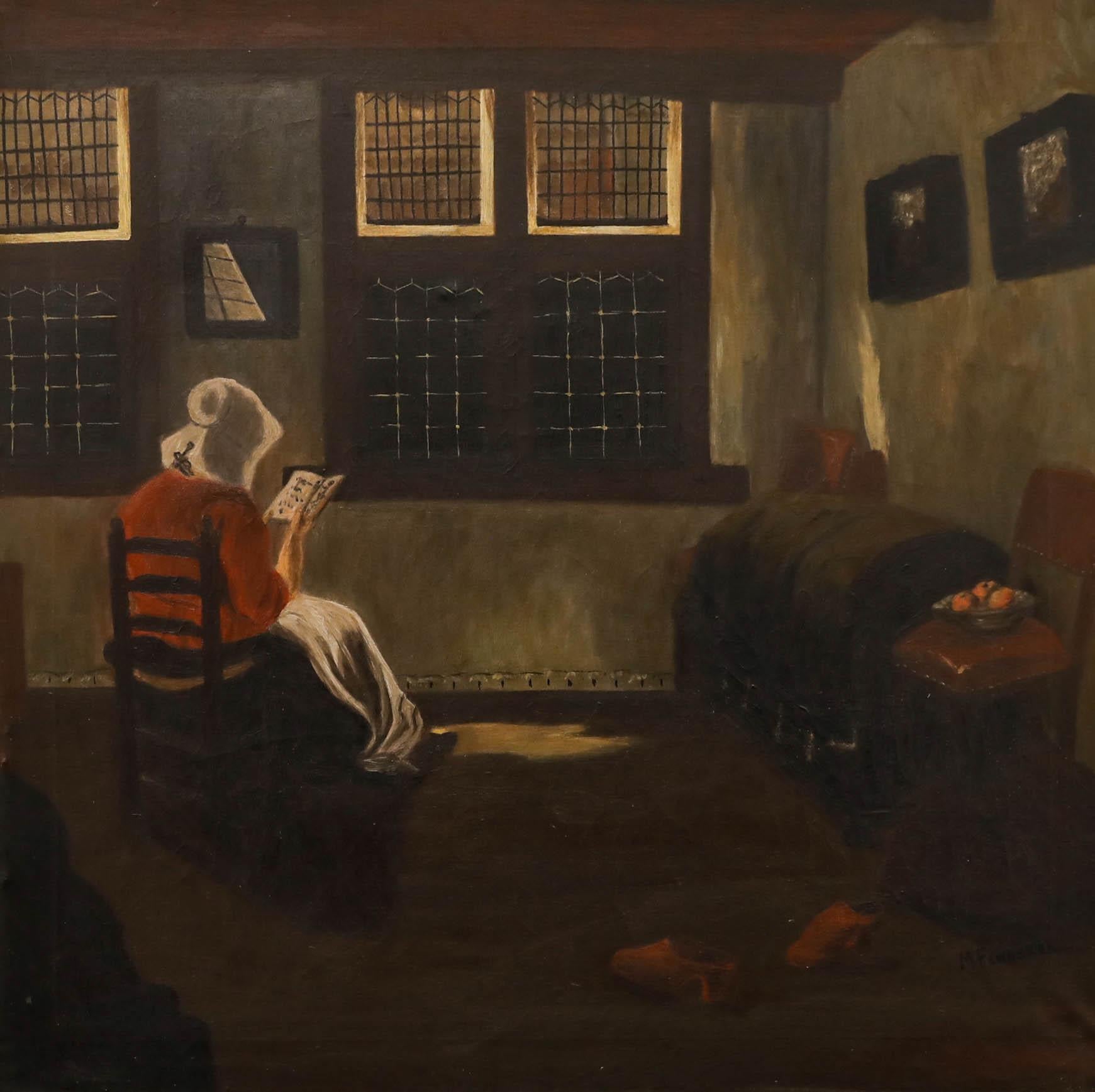 Fenneker d'après Pieter de Hooch - vers 1920 Huile, intérieur néerlandais - Painting de Unknown