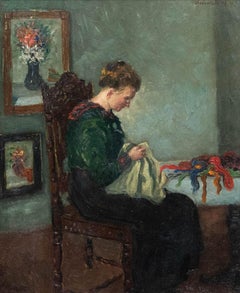 Ferdinand Grebestein (1883-1974) - Belle huile de 1917, Lady at a Table Sewing